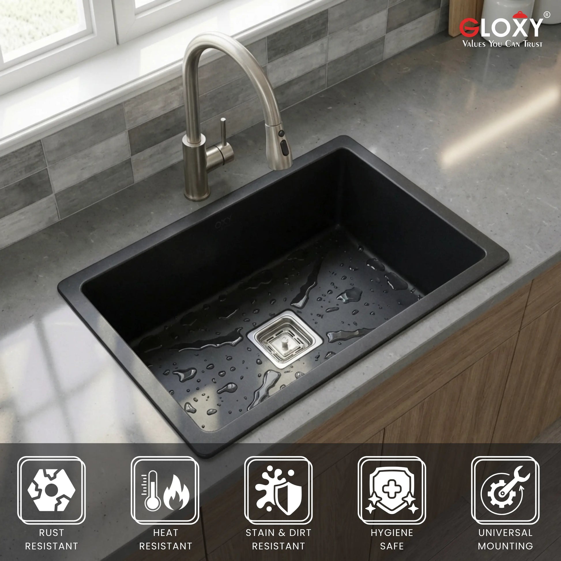 Gloxy Stainless Steel 304 Grade Single Bowl Quartz Kitchen Sink 21x18 Inch- Black
