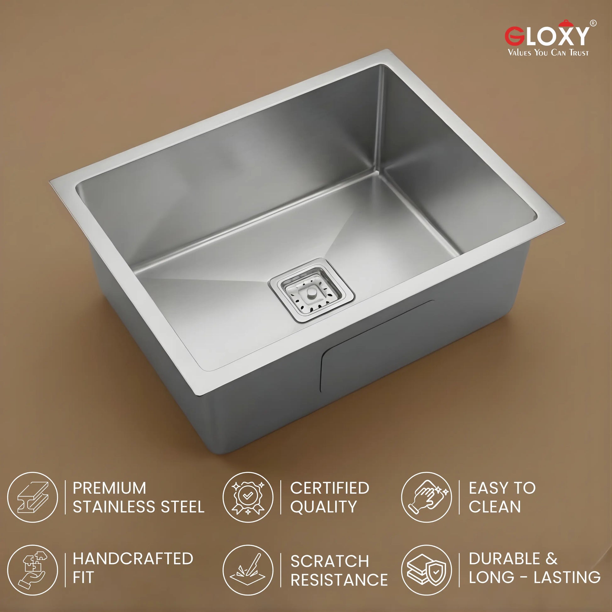 Gloxy Single Bowl 304 Stainless Steel Sink For Kitchen 24x18x10 Inch- Silver