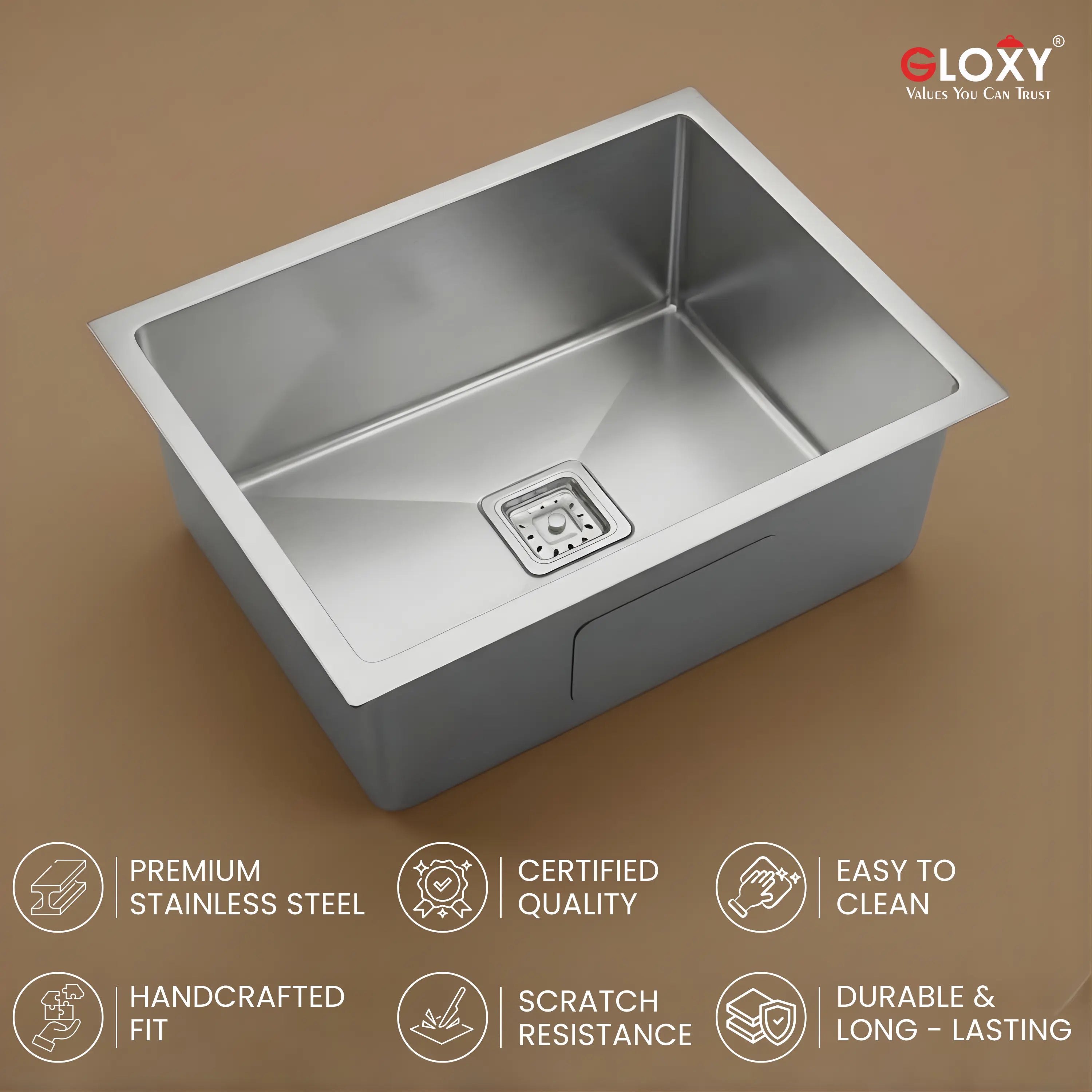 Gloxy Single Bowl 304 Stainless Steel Sink For Kitchen 24x18x10 Inch- Silver