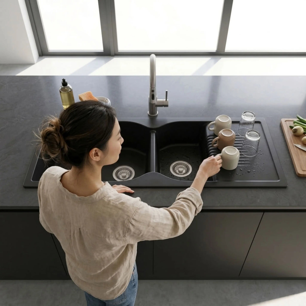Gloxy Quartz Granite Double Bowl Kitchen Sink with Drain Board | 45 × 20 × 9 Inch  (Black Matte)