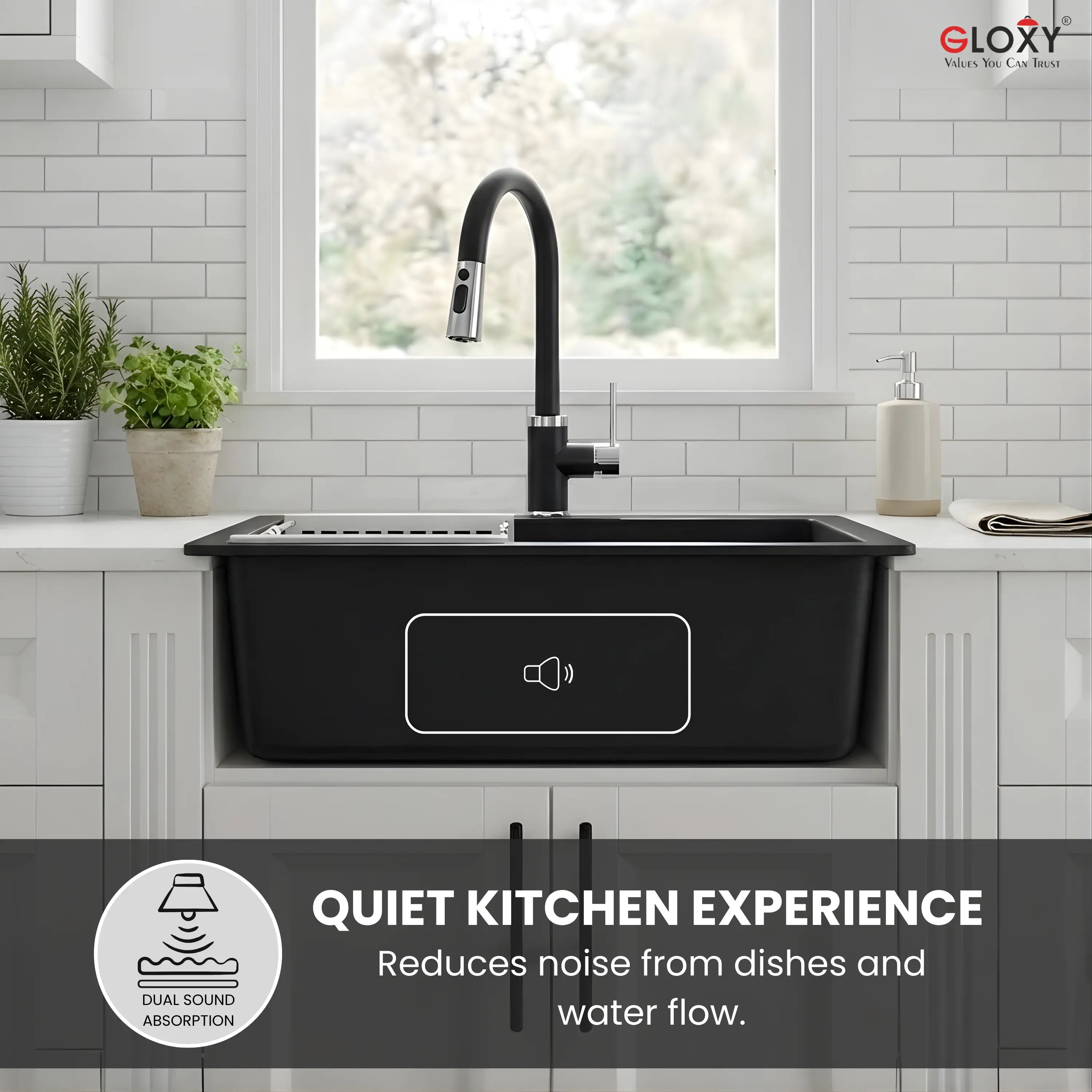 Gloxy Stainless Steel Handmade Single Bowl Quartz Sink For Kitchen 16x18 Inch-Black