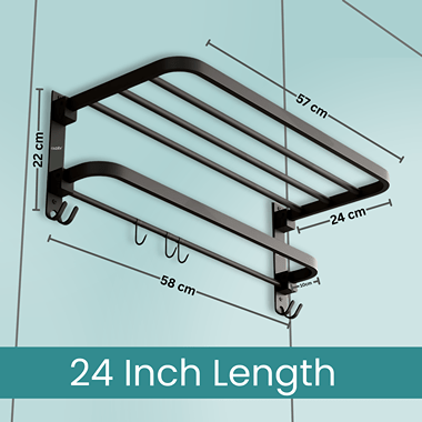 Gloxy Round Shape Stainless Steel Black Finsih Folding 2-Bar Towel Rack with Adjustable Hook-24 Inch