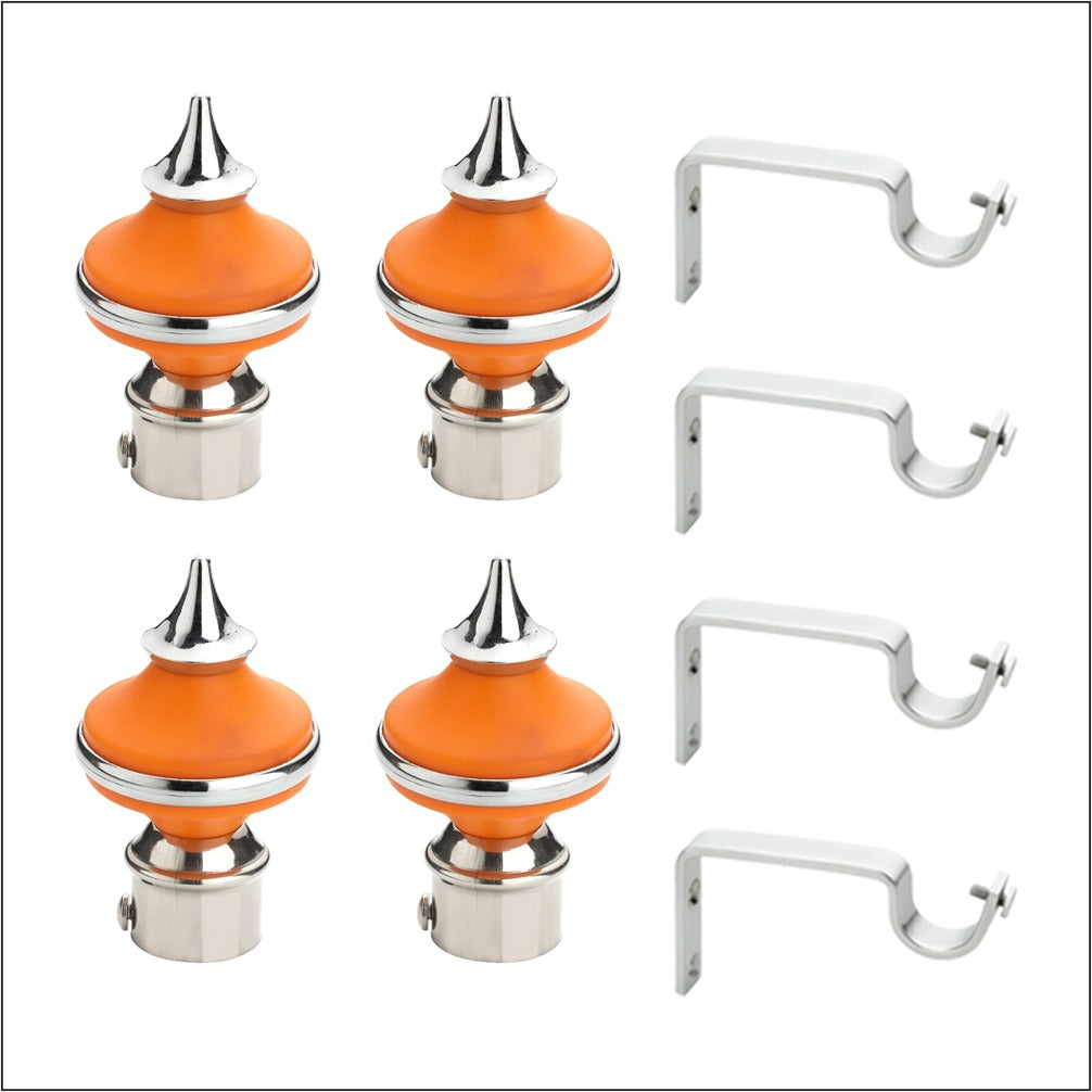 Gloxy Matka Shape Stainless Steel & ABS Curtain Rod Finials with Support– Orange 2 Pair