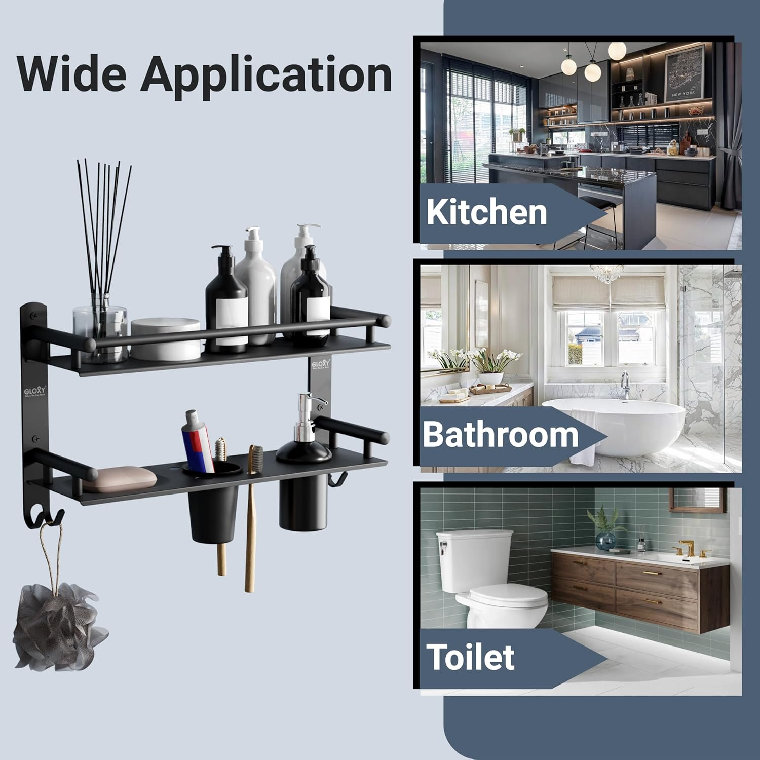 Gloxy Stainless Steel 2-Layer Black Finish Bathroom Shelf with Tumbler Holder, Soap Dish & Liquid Dispenser