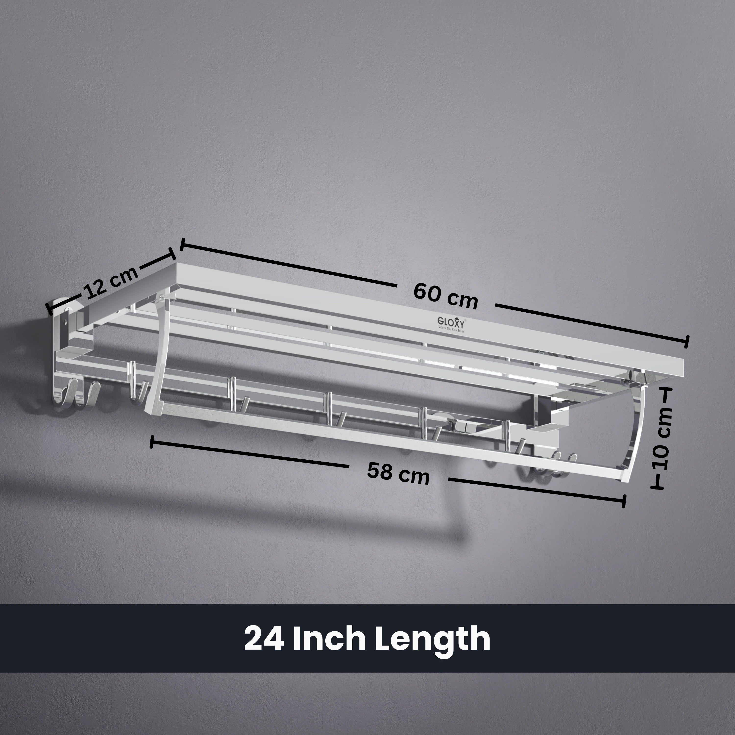 Gloxy Stainless Steel Chrome Finsih Folding Bar Towel Rack with Hook-24 Inch