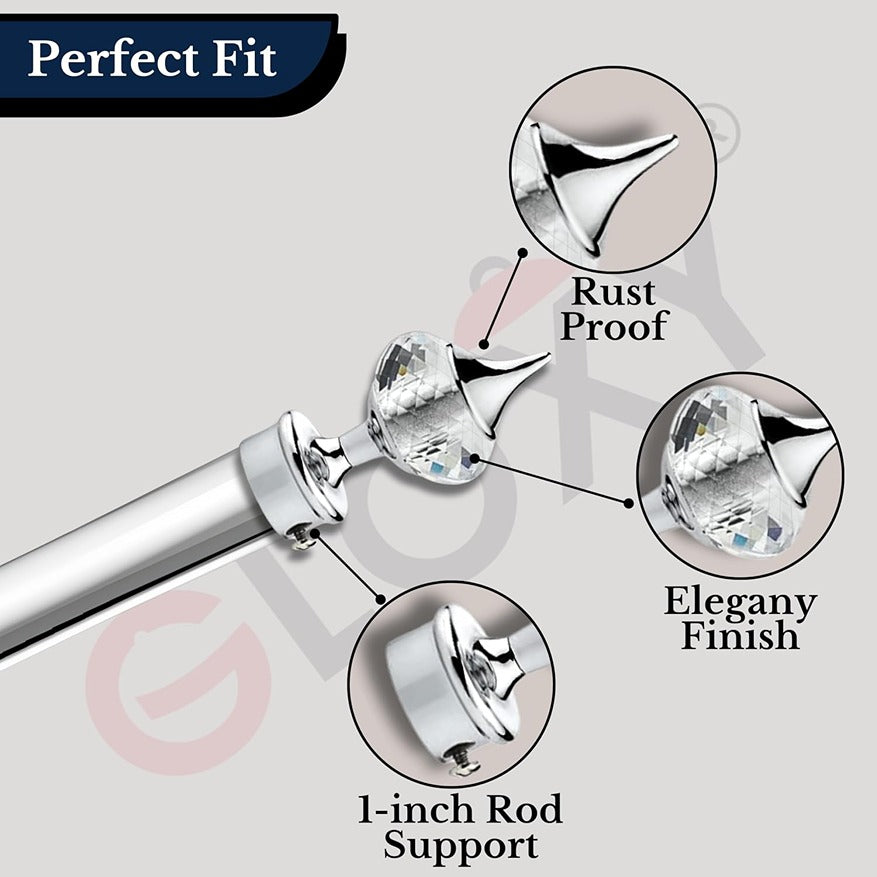 Gloxy Single Diamond Aluminium Curtain Rod Finials with Support– Silver