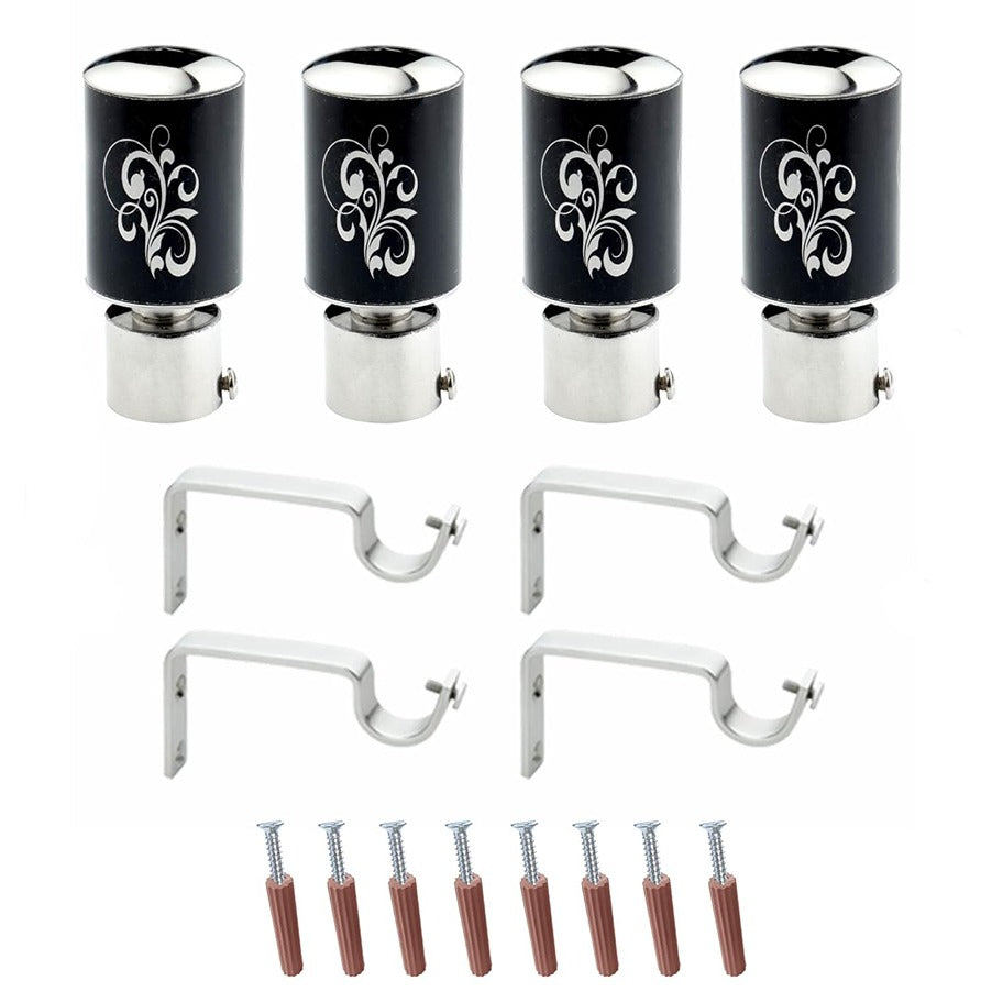 Gloxy Floral Print Stainless Steel Curtain Rod Finials with Support– Black 2 Pair