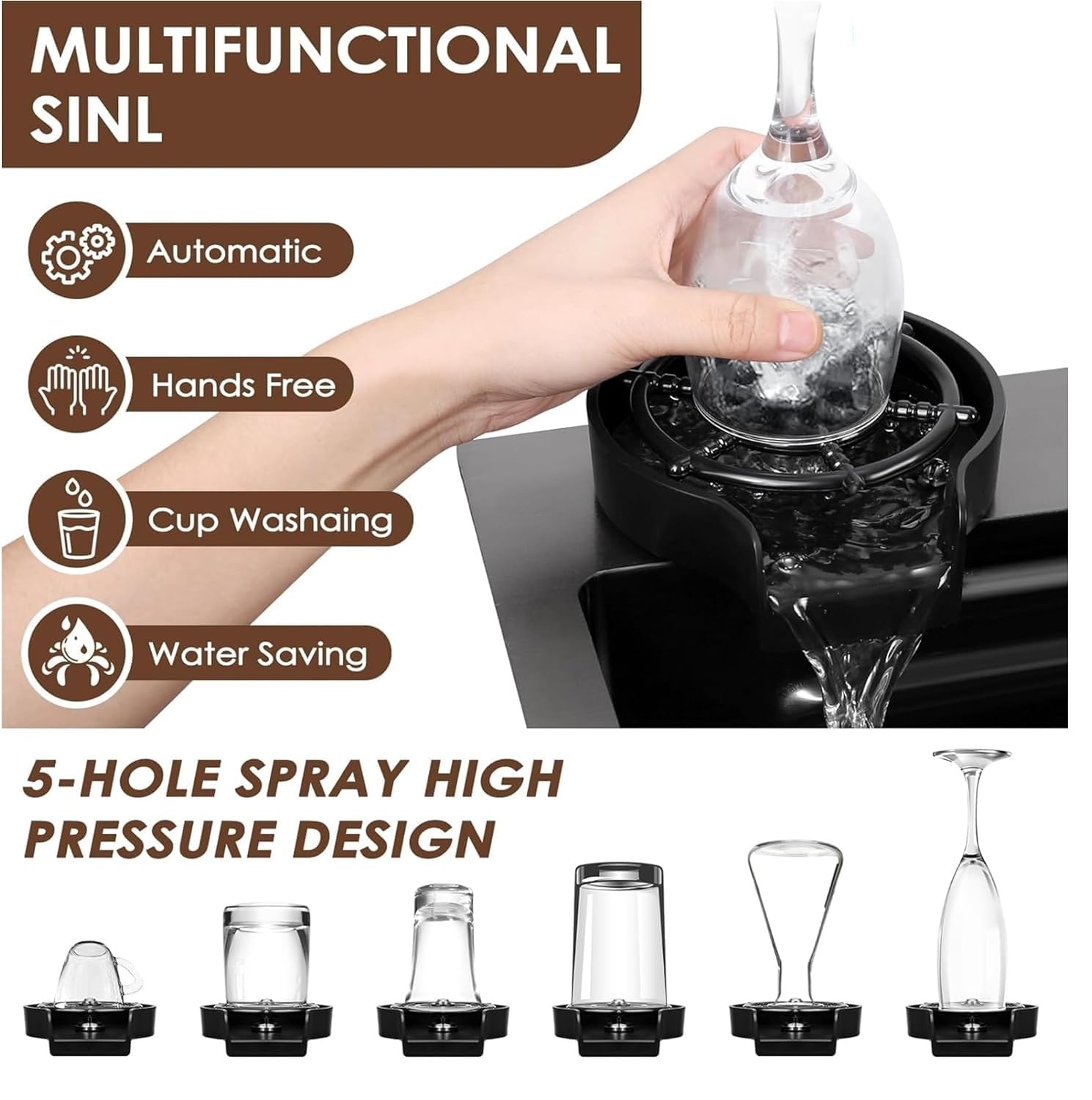 GLOXY Fully Equipped Kitchen Sink with Integrated Waterfall and Pull-Down / 202 Grade Stainless Steel Sink with LED Panel and Digital Display Under Counter Basin  (Black)