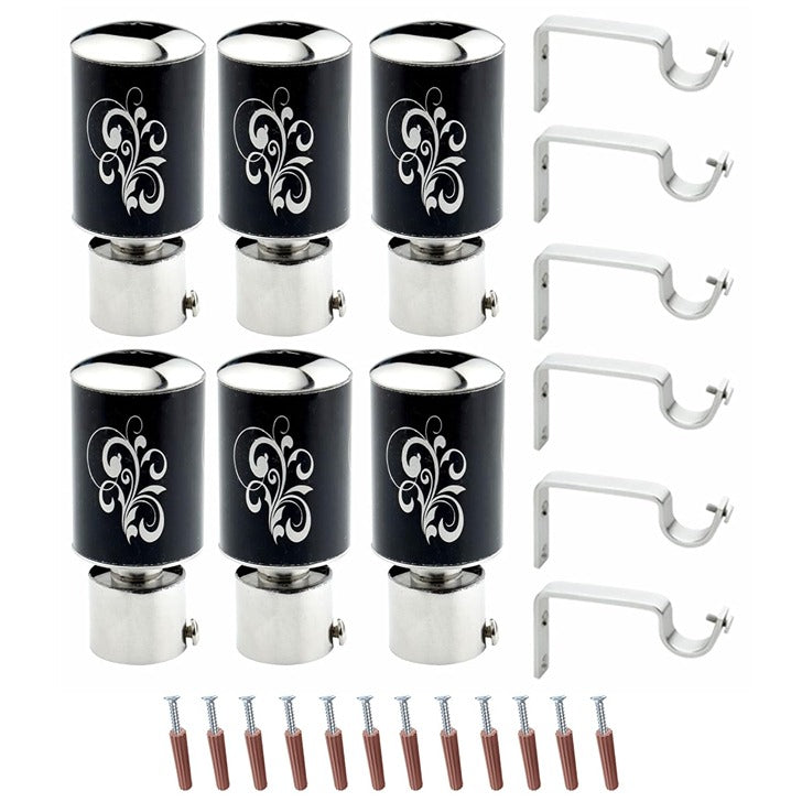 Gloxy Floral Print Stainless Steel Curtain Rod Finials with Support– Black 3 Pair