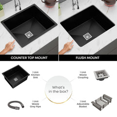 Gloxy Stainless Steel Handmade Exclusive Single Bowl Kitchen Sink/Quartz Sink For Kitchen/Non-Fading With Uv Protection/Undermount/Topmount (Black, 24x18)