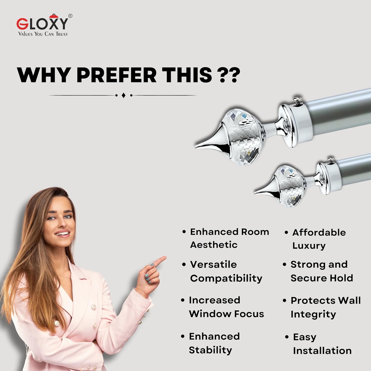 Single Diamond Aluminium Curtain Bracket with Talwar Support(Silver)-by GLOXY®