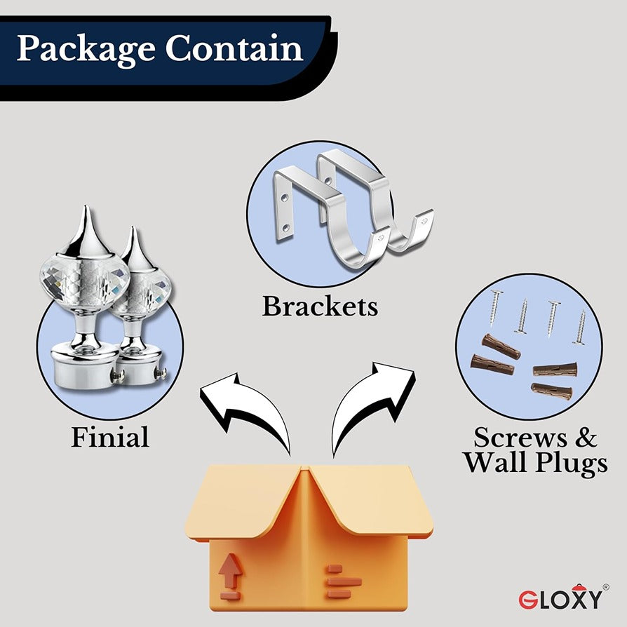 Gloxy Single Diamond Aluminium Curtain Rod Finials with Support– Silver