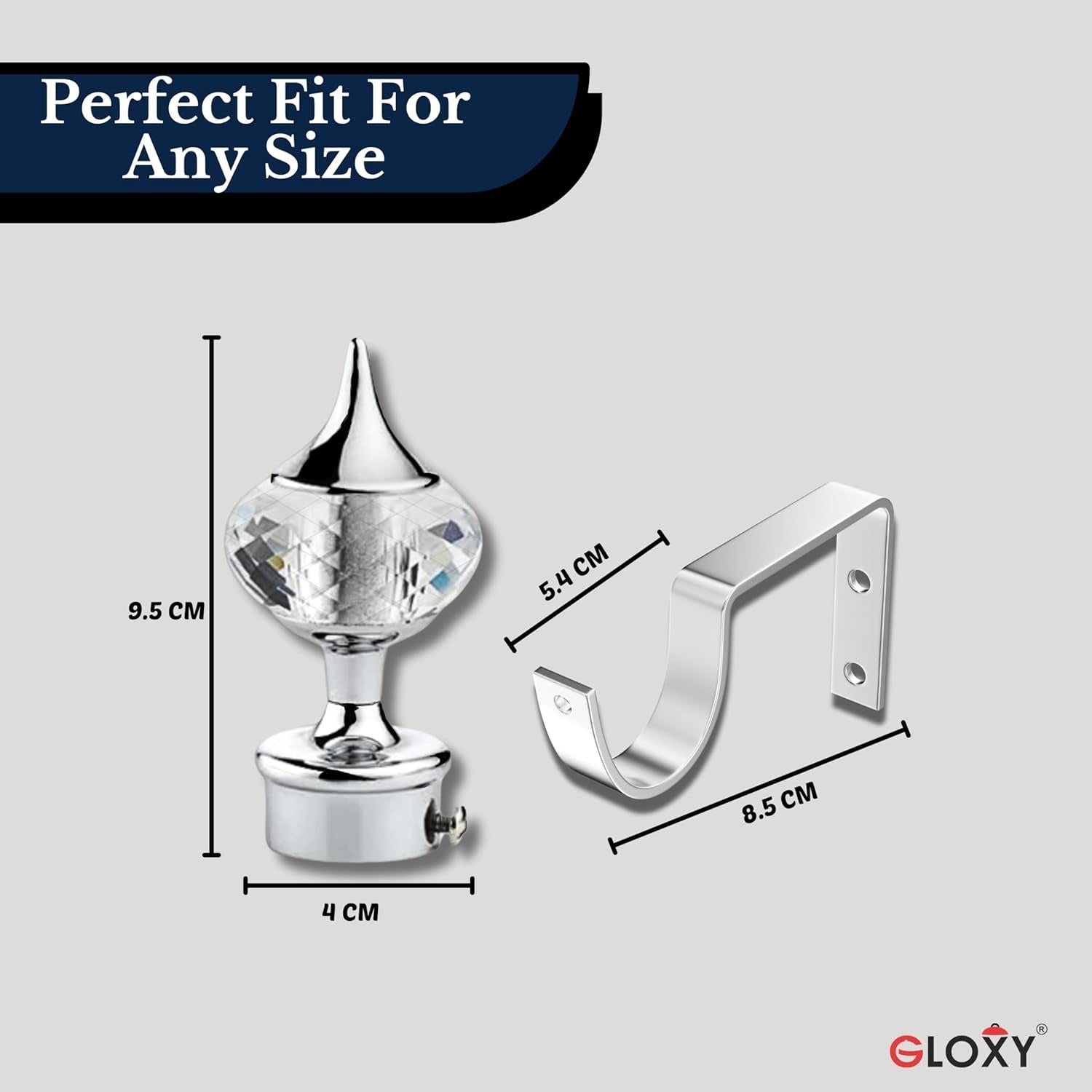 Gloxy Single Diamond Aluminium Curtain Rod Finials with Support– Silver