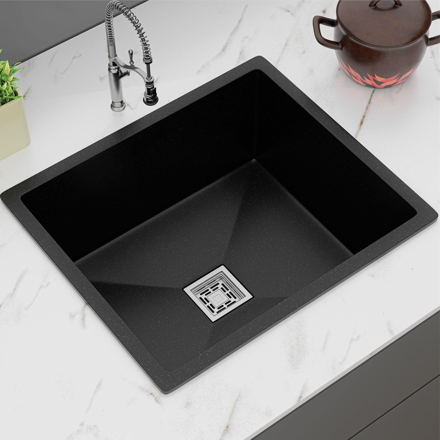 Gloxy Stainless Steel Handmade Exclusive Single Bowl Kitchen Sink/Quartz Sink For Kitchen/Non-Fading With Uv Protection/Undermount/Topmount (Black, 16x18)