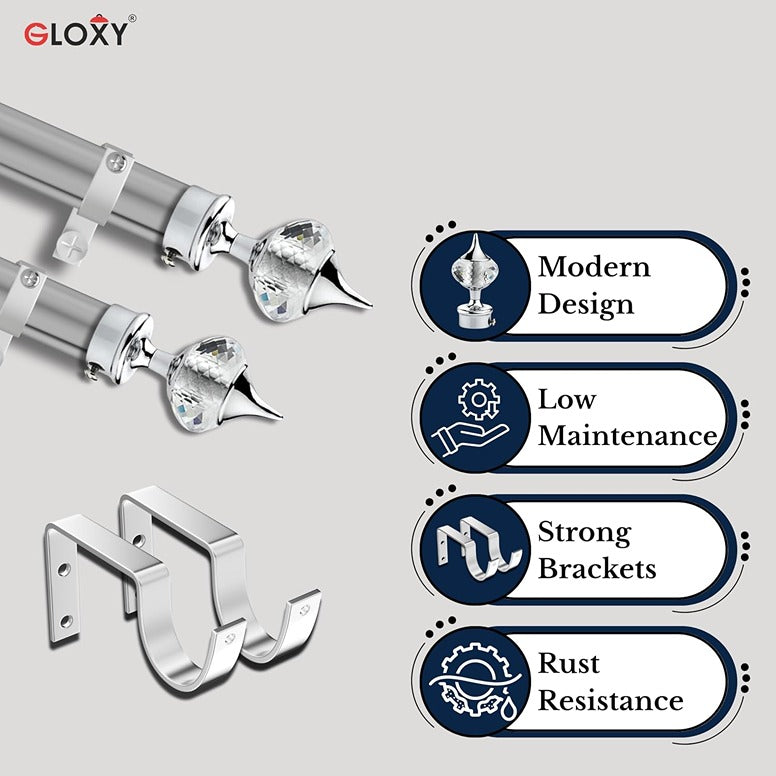 Gloxy Single Diamond Aluminium Curtain Rod Finials with Support– Silver