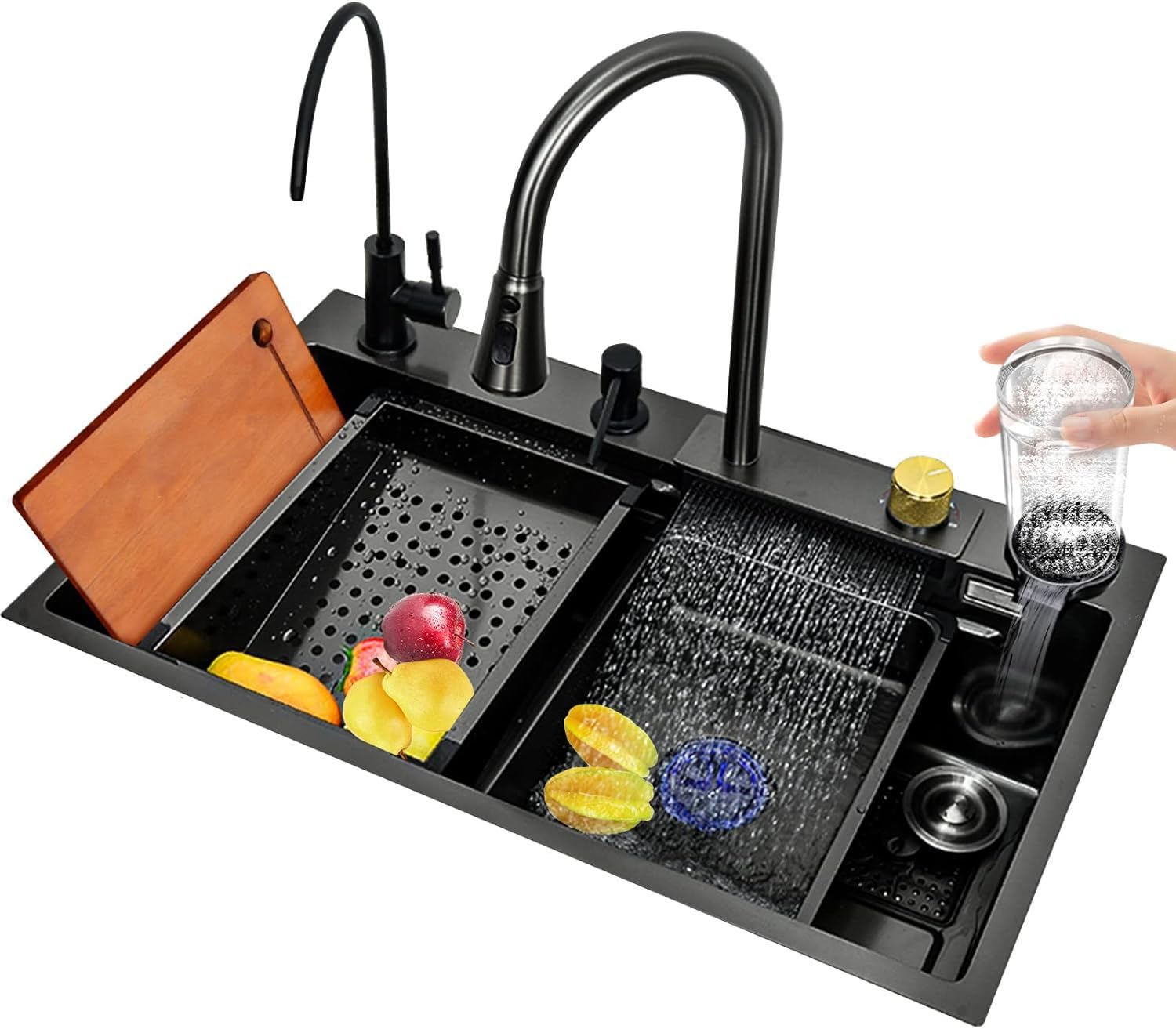 GLOXY Fully Equipped Kitchen Sink with Integrated Waterfall and Pull-Down / 202 Grade Stainless Steel Sink with LED Panel and Digital Display Under Counter Basin  (Black)