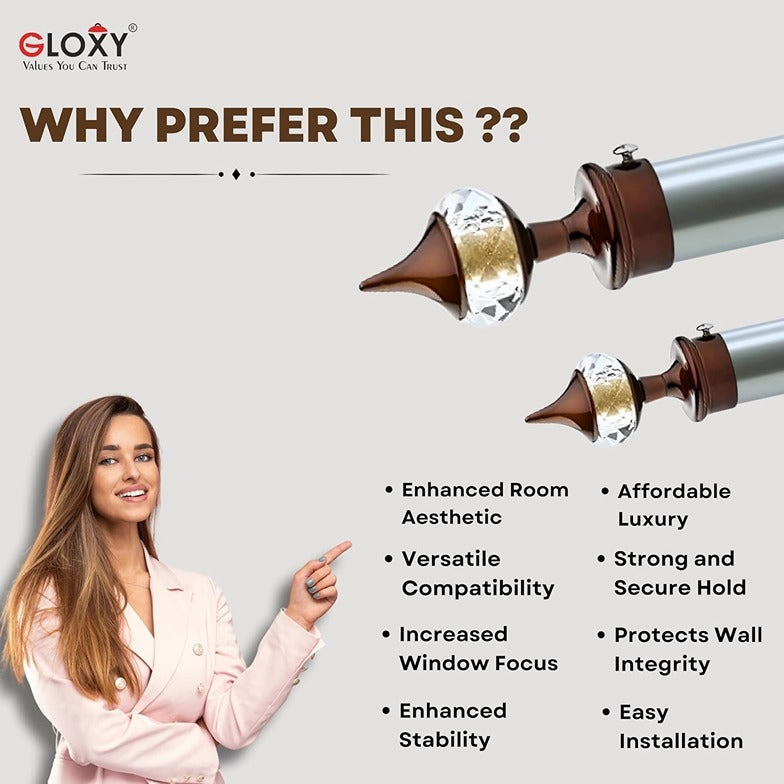 Gloxy Single Diamond Aluminium Curtain Rod Finials with Support– Coffee