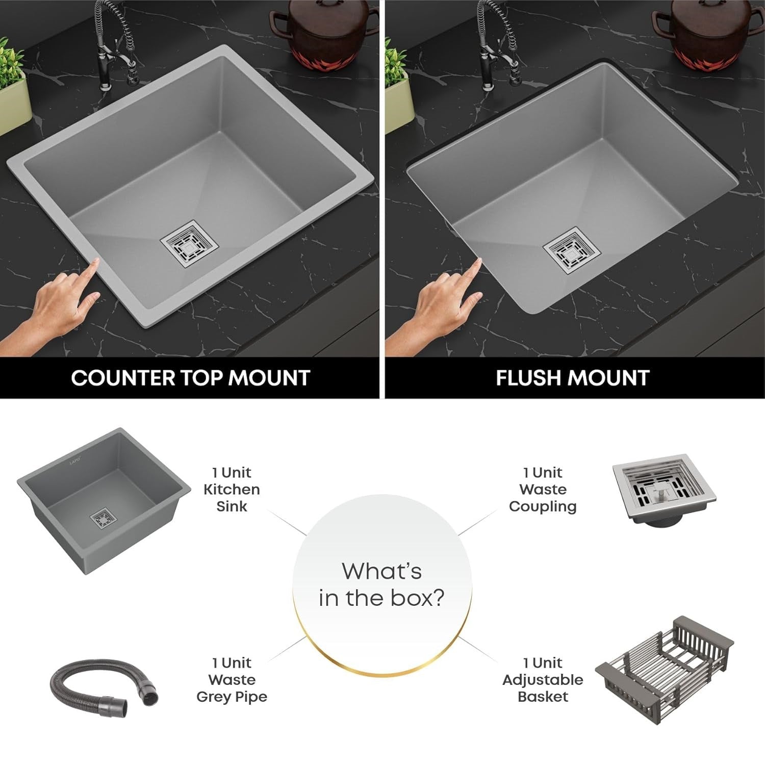 Gloxy Stainless Steel Handmade Exclusive Single Bowl Kitchen Sink/Quartz Sink For Kitchen/Non-Fading With Uv Protection/Undermount/Topmount (Gray, 16x18 Inches)