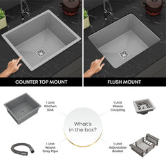 Gloxy Stainless Steel Handmade Exclusive Single Bowl Kitchen Sink/Quartz Sink For Kitchen/Non-Fading With Uv Protection/Undermount/Topmount (Gray, 24x18)