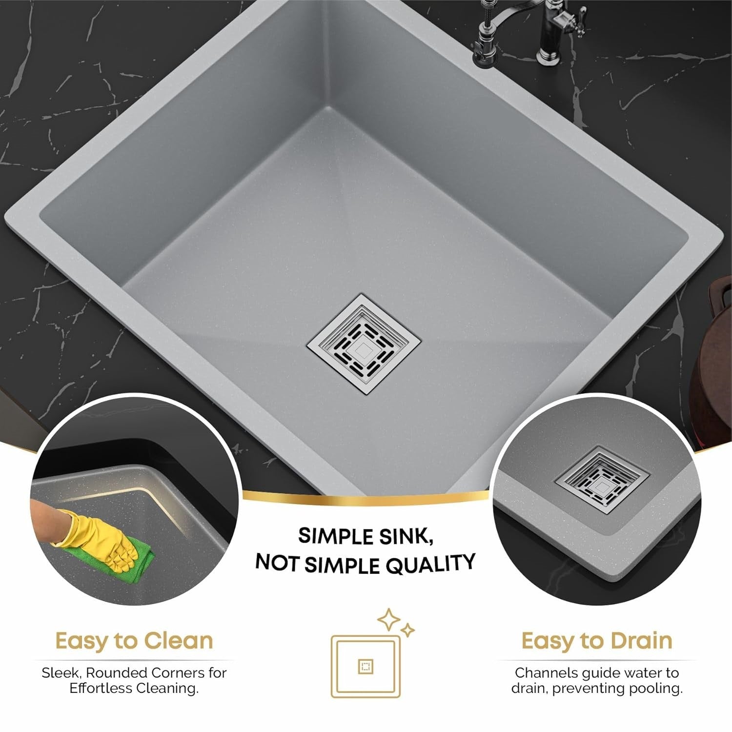 Gloxy Stainless Steel Handmade Exclusive Single Bowl Kitchen Sink/Quartz Sink For Kitchen/Non-Fading With Uv Protection/Undermount/Topmount (Gray, 16x18 Inches)