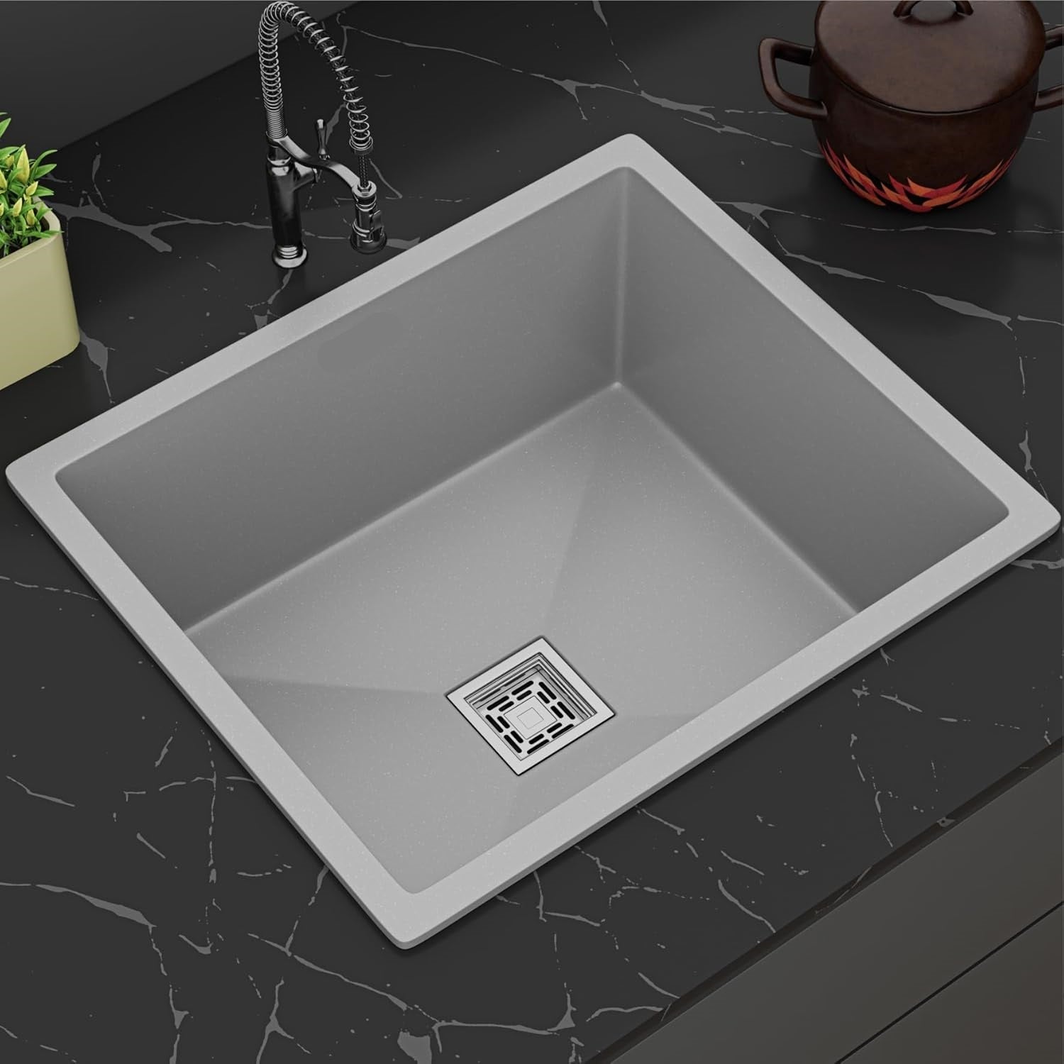 Gloxy Stainless Steel Handmade Exclusive Single Bowl Kitchen Sink/Quartz Sink For Kitchen/Non-Fading With Uv Protection/Undermount/Topmount (Gray, 16x18 Inches)