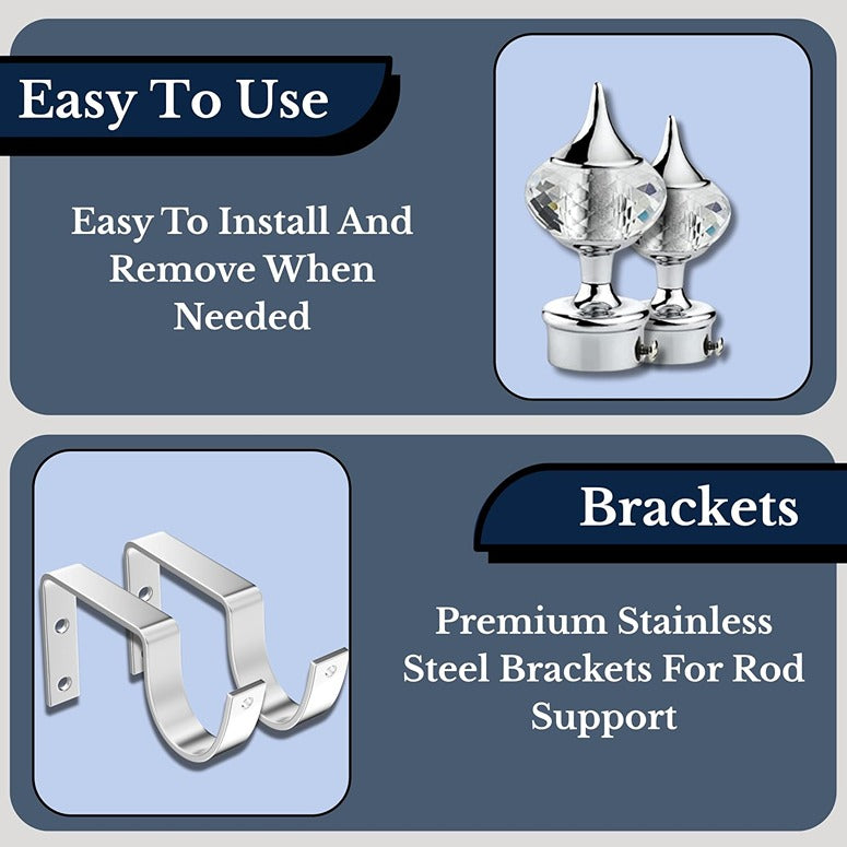 Gloxy Single Diamond Aluminium Curtain Rod Finials with Support– Silver