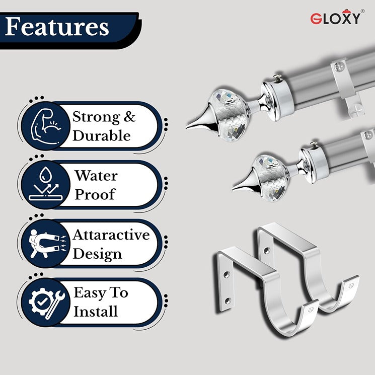 Gloxy Single Diamond Aluminium Curtain Rod Finials with Support– Silver