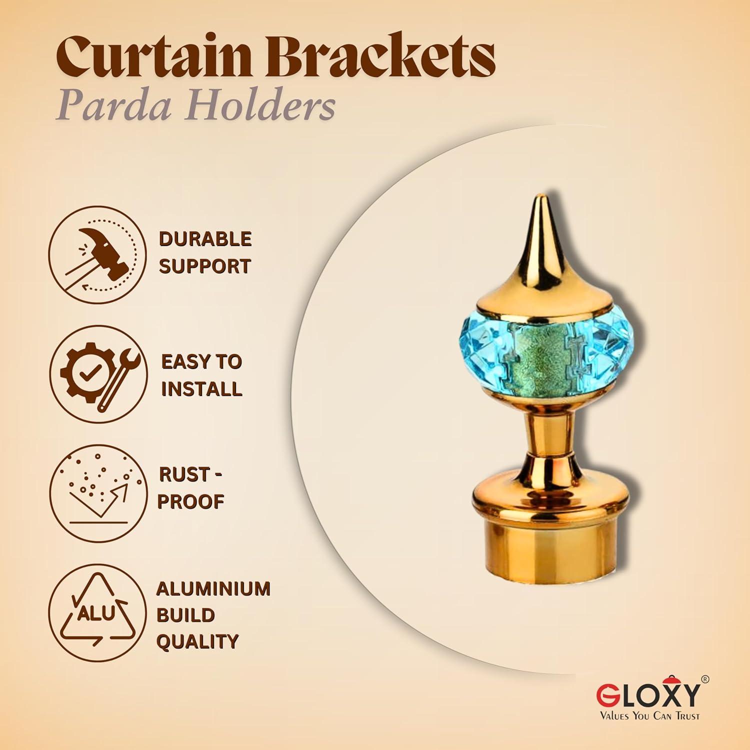Single Diamond Aluminium Curtain Bracket with Support(Gold Mix Sky Blue)-by GLOXY®