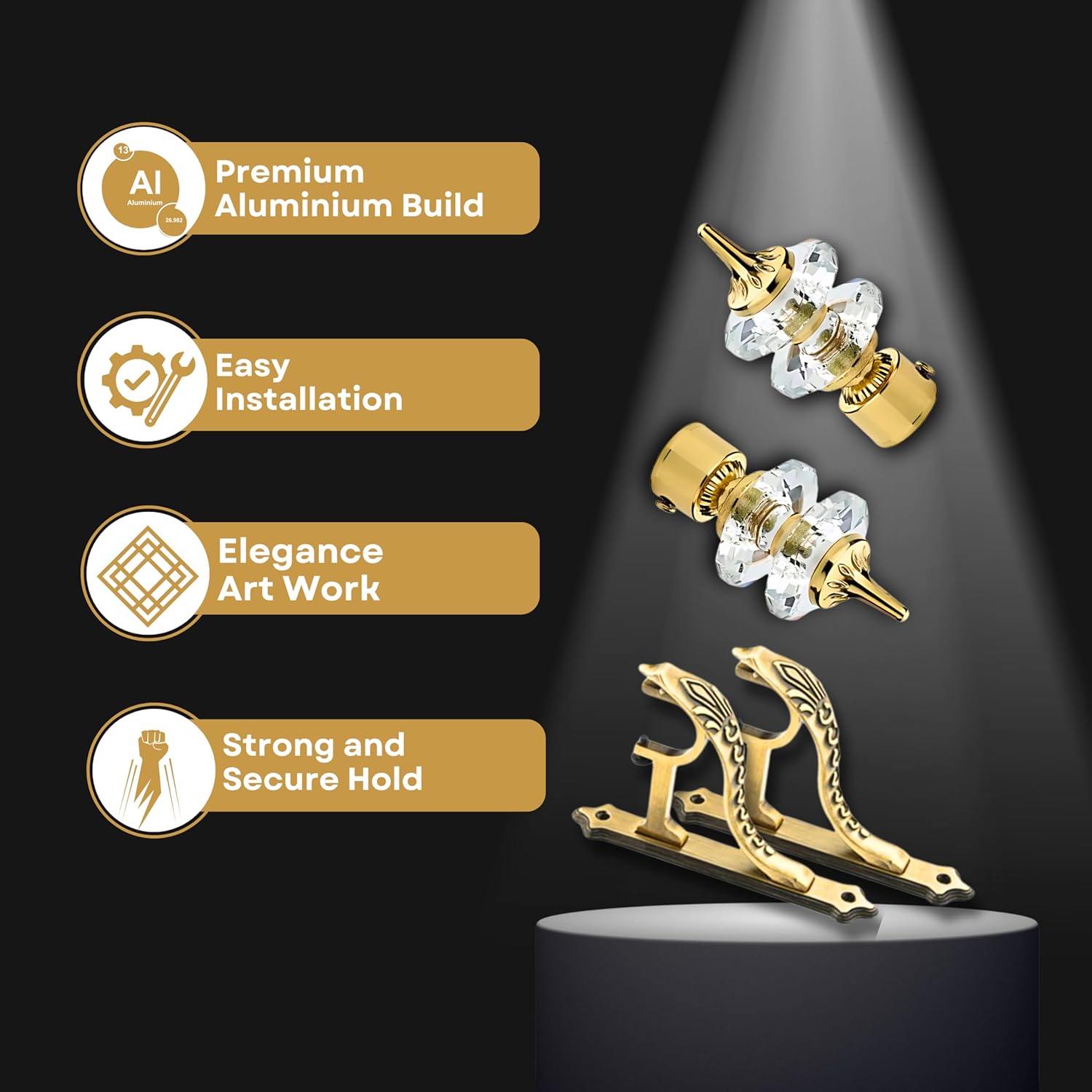 Double Diamond Aluminium Curtain Bracket with Support(Gold)-by GLOXY®