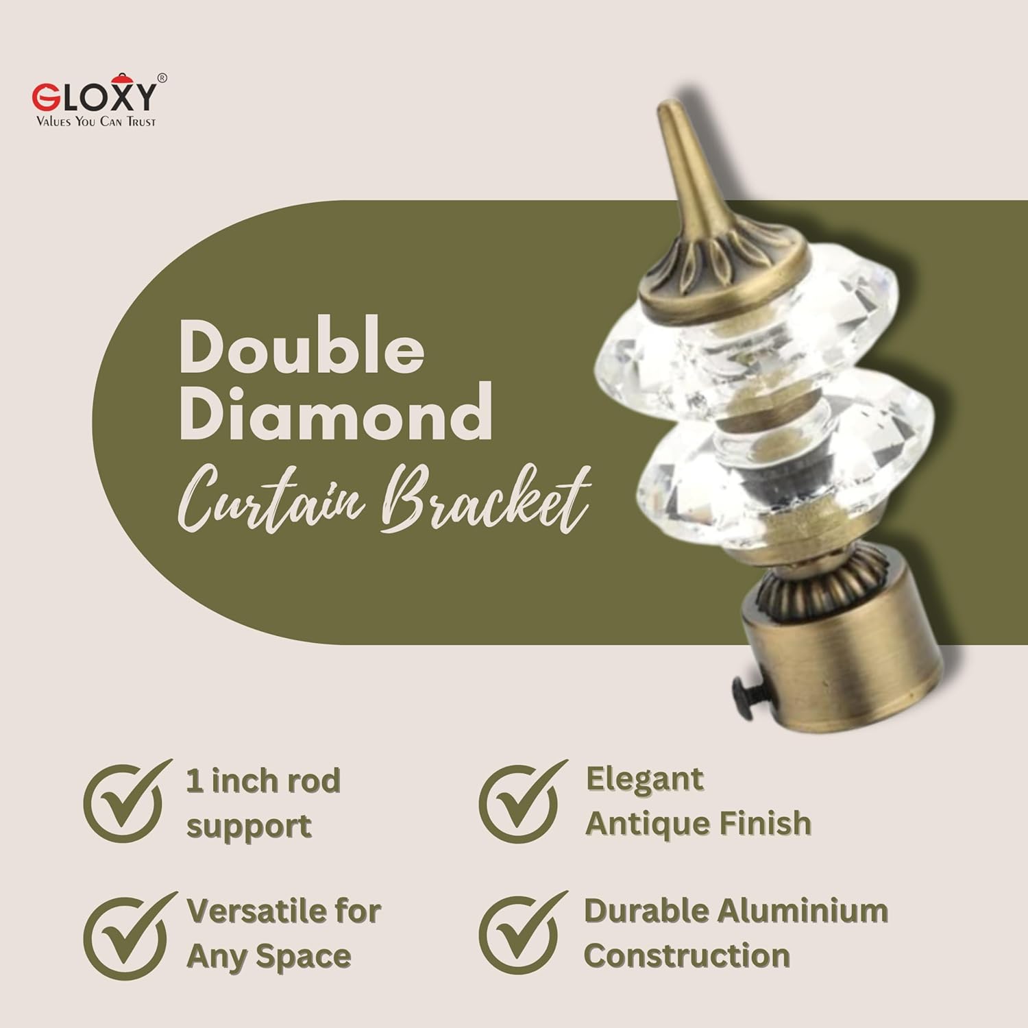 Double Diamond Aluminium Curtain Bracket with L Support(Antique)-by GLOXY®