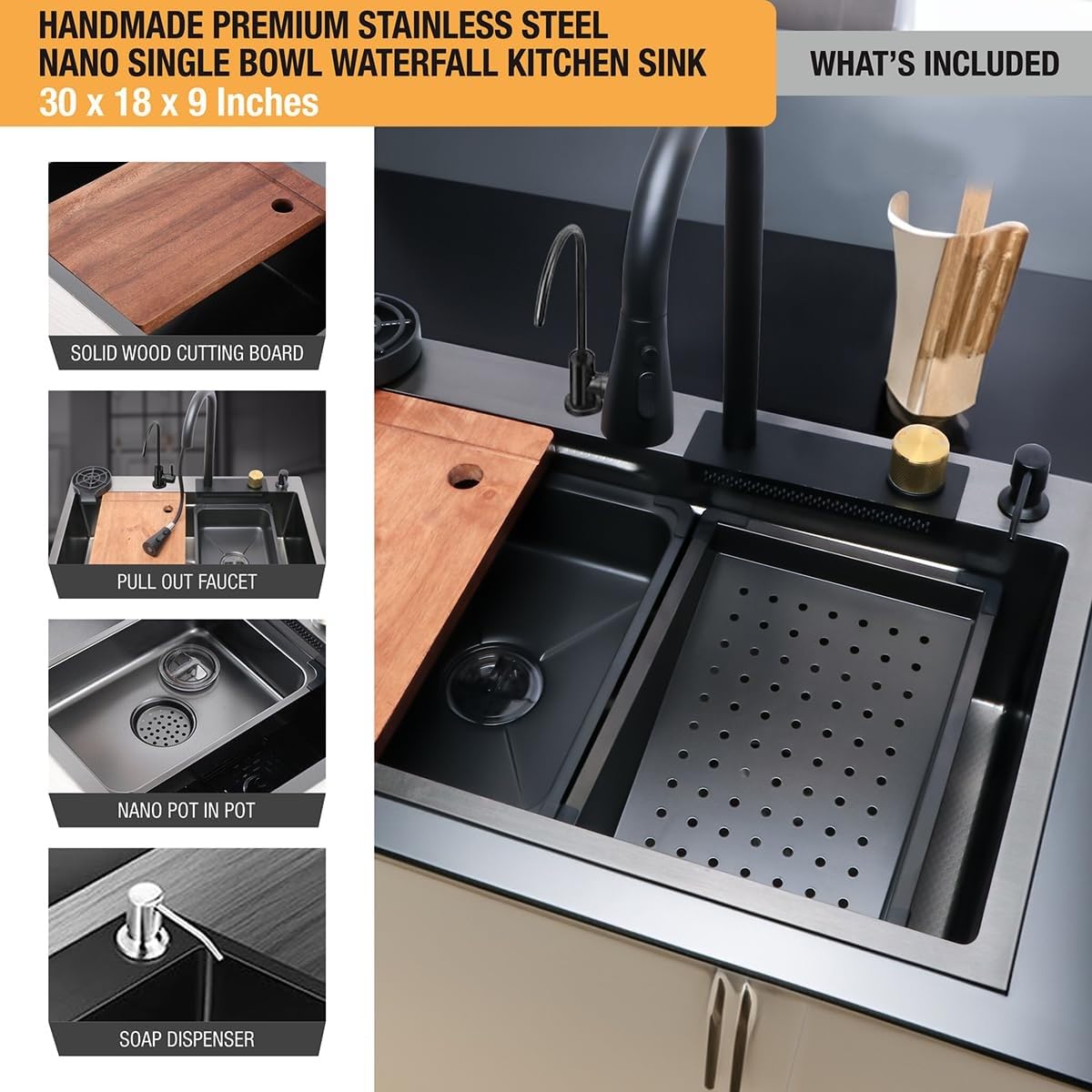 GLOXY Fully Equipped Kitchen Sink with Integrated Waterfall and Pull-Down / 202 Grade Stainless Steel Sink with LED Panel and Digital Display Under Counter Basin  (Black)