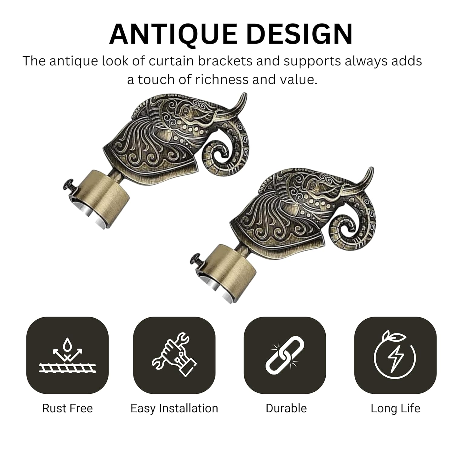 Rajwada Royal Aluminium Curtain Bracket with Support (Antique)-by GLOXY®