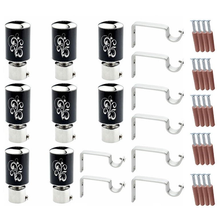 Gloxy Floral Print Stainless Steel Curtain Rod Finials with Support– Black 4 Pair