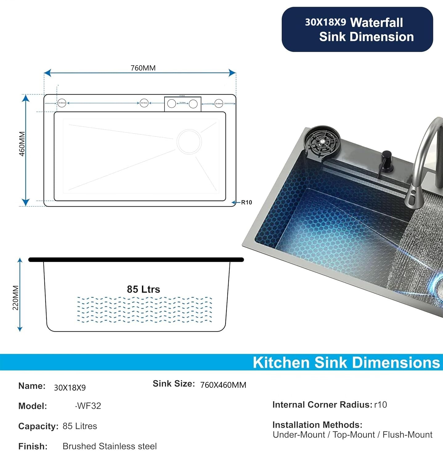 GLOXY Fully Equipped Kitchen Sink with Integrated Waterfall and Pull-Down / 304 Grade Stainless Steel Sink with LED Panel and Digital Display Under Counter Basin  (Black)