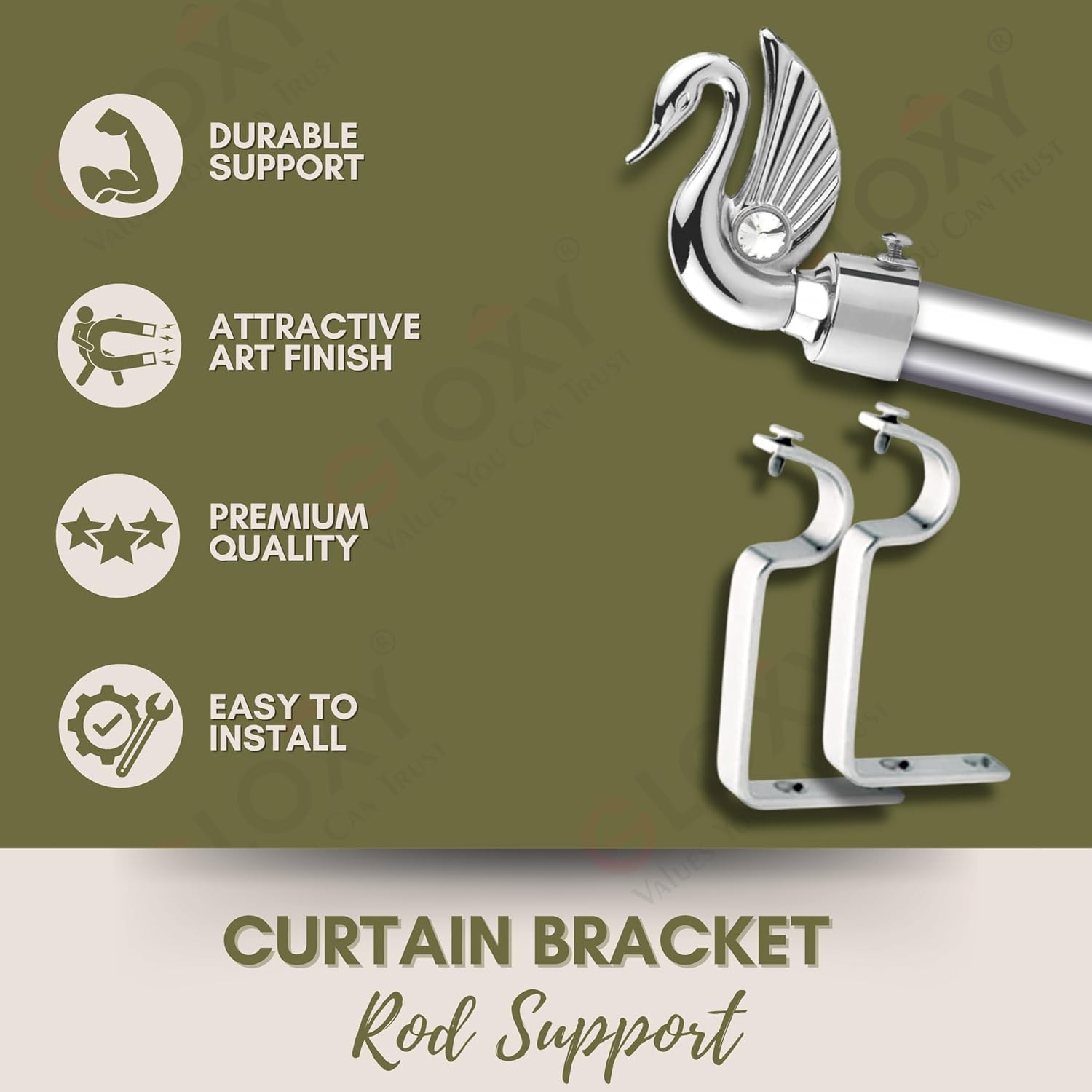 GLOXY Aluminium Swan Bird Shape Curtain Brackets - Parda Holder Set with Support 1 Inch Curtain Rod Holder Designer Door and Window Rod Support Fittings