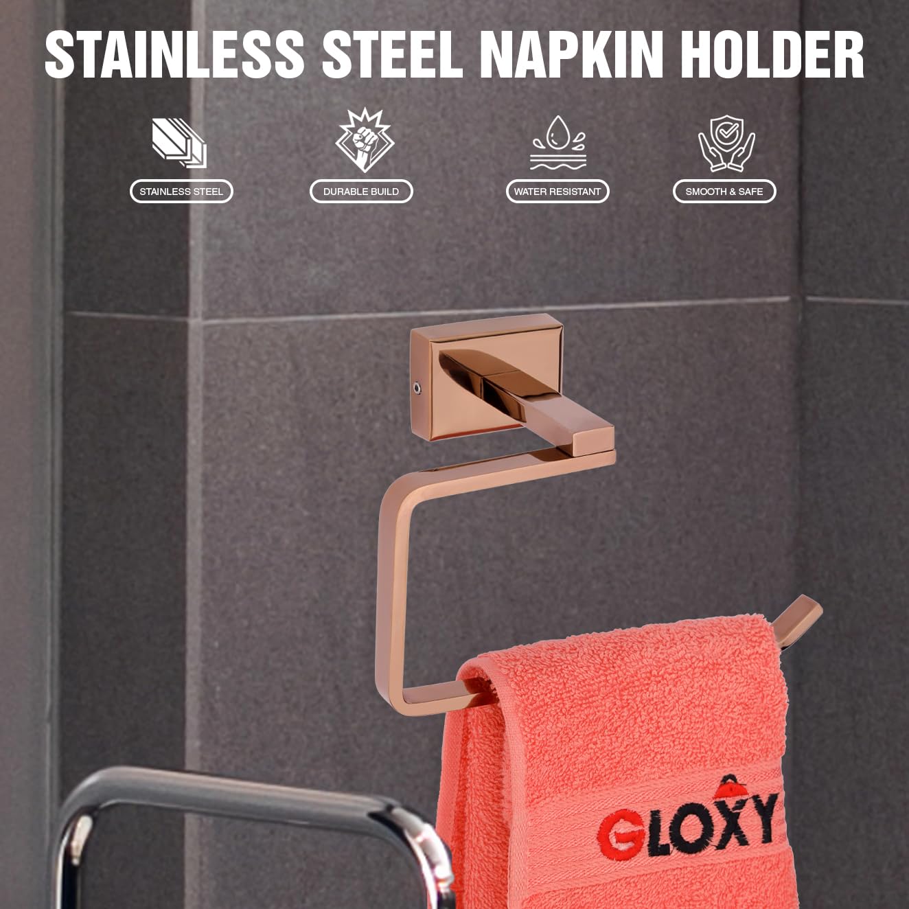 GLOXY Stainless Steel Napkin Holder for Washbasin Kitchen Wall Mounted Towel Ring Bathroom Accessories