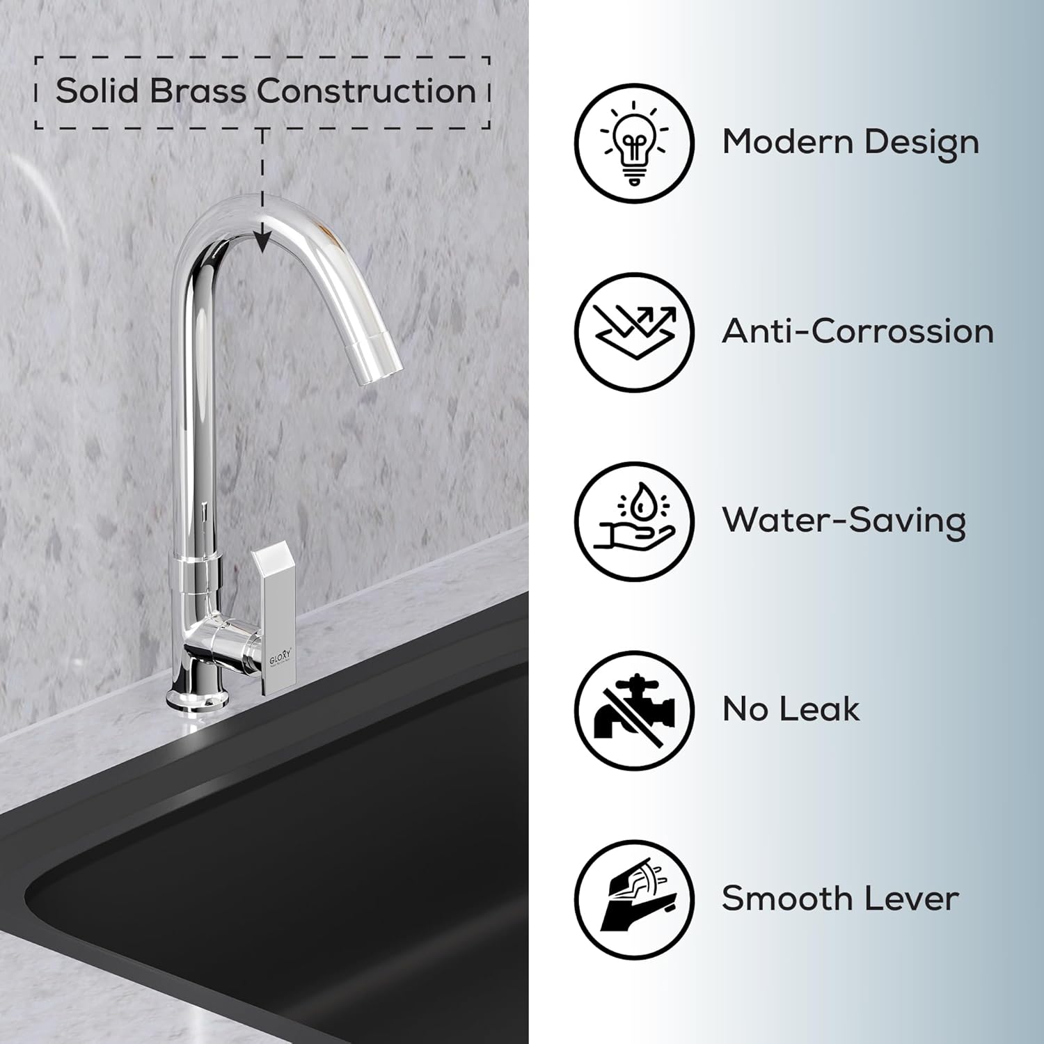 Gloxy Imperial Series Single Lever 360° Swivel Spout Deck Mount Brass Swan Neck Faucet