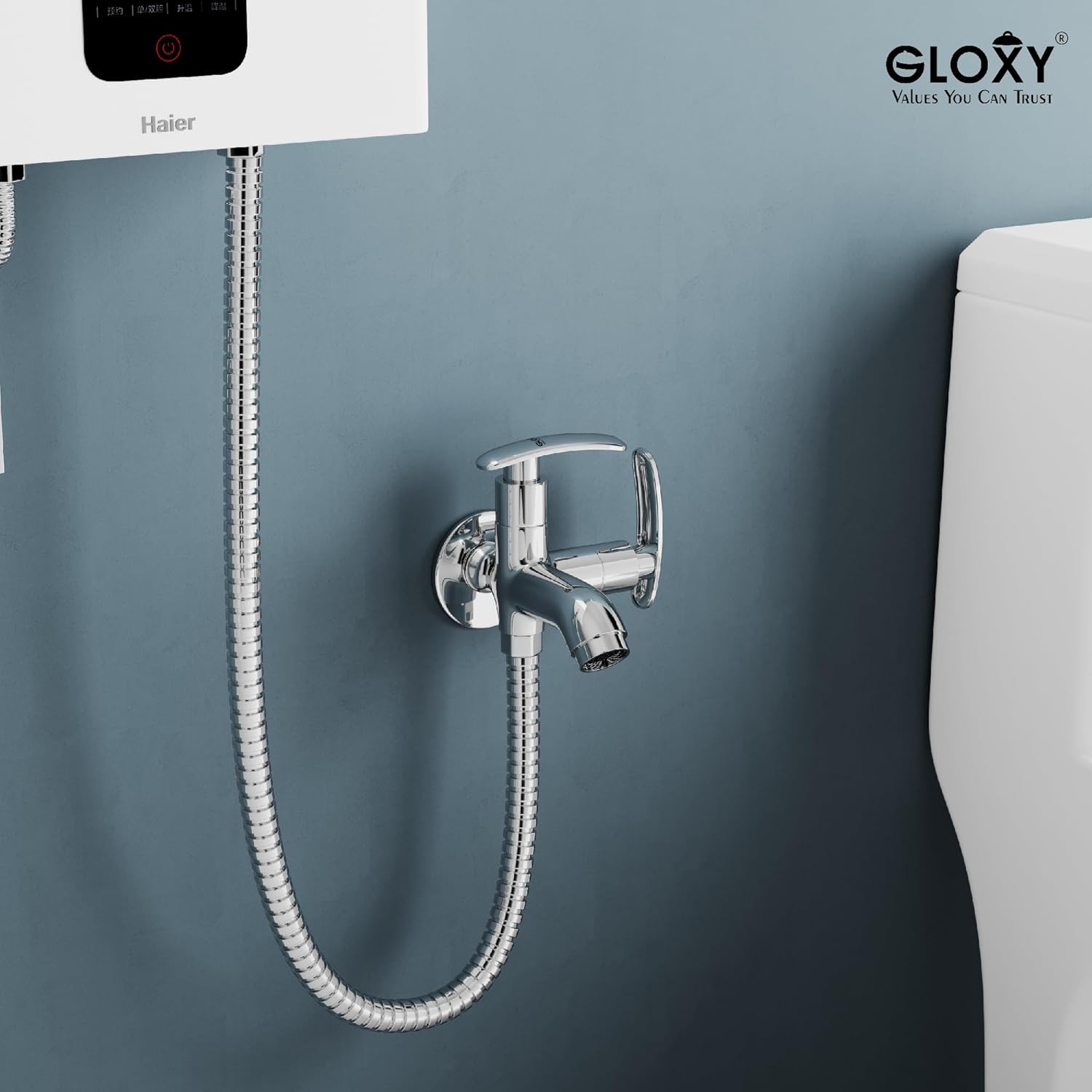 GLOXY 2 in 1 Chrome Finished Bib Cock Taps with Dual Jet+ Lever & Flenge - Perfect Compatible for Washing Machines, Bathroom Toilet Areas, Gardens & Kitchen Sinks - 10 Years Warrenty