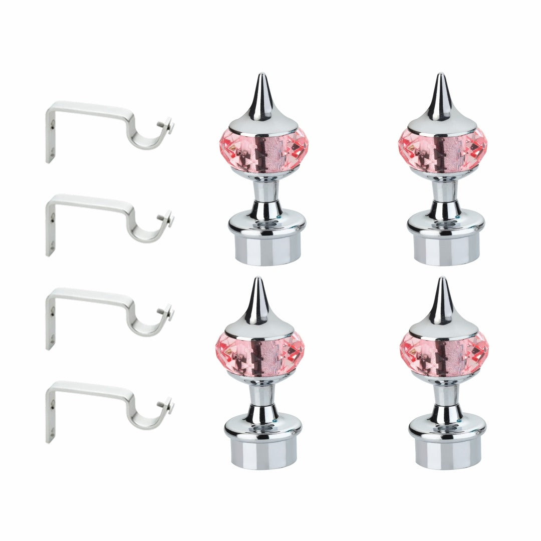 Gloxy Single Diamond Aluminium Curtain Rod Finials with Support– Silver Mix Pink Pair of 2