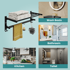 Gloxy Rectangular Shape Stainless Steel Black Finsih Folding 2-Bar Towel Rack with Adjustable Hook-24 Inch