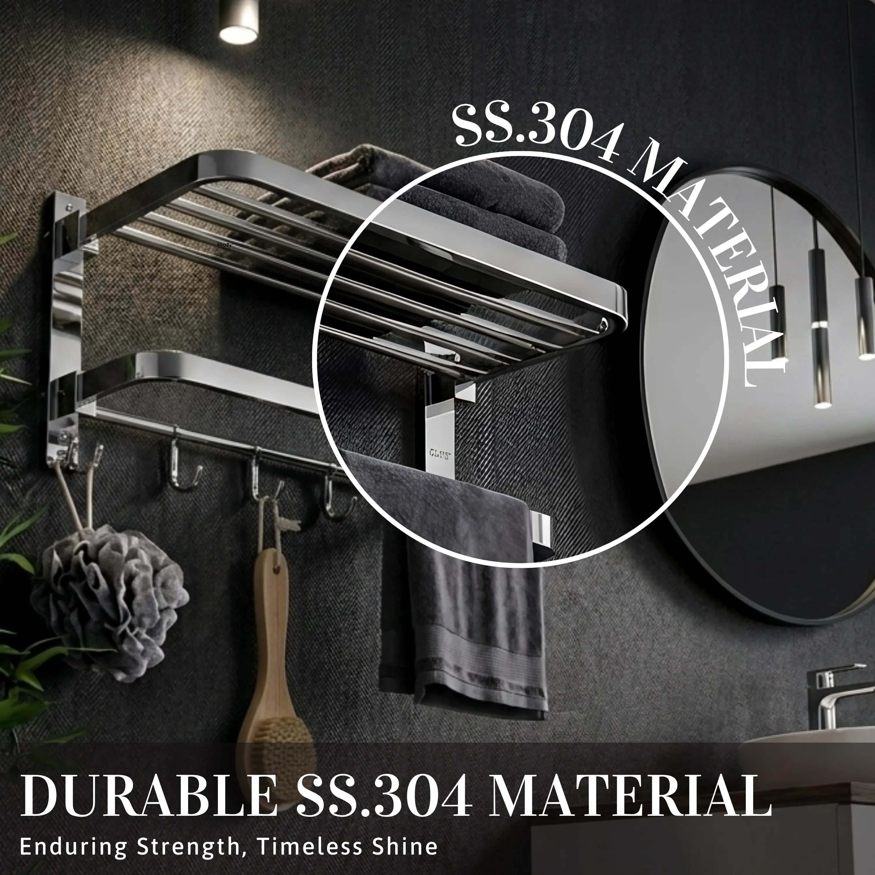 GLOXY Premium SS 304 Towel Rack 24 Inch | Wall Mounted Foldable Bathroom Towel Holder with Shelf & Hooks