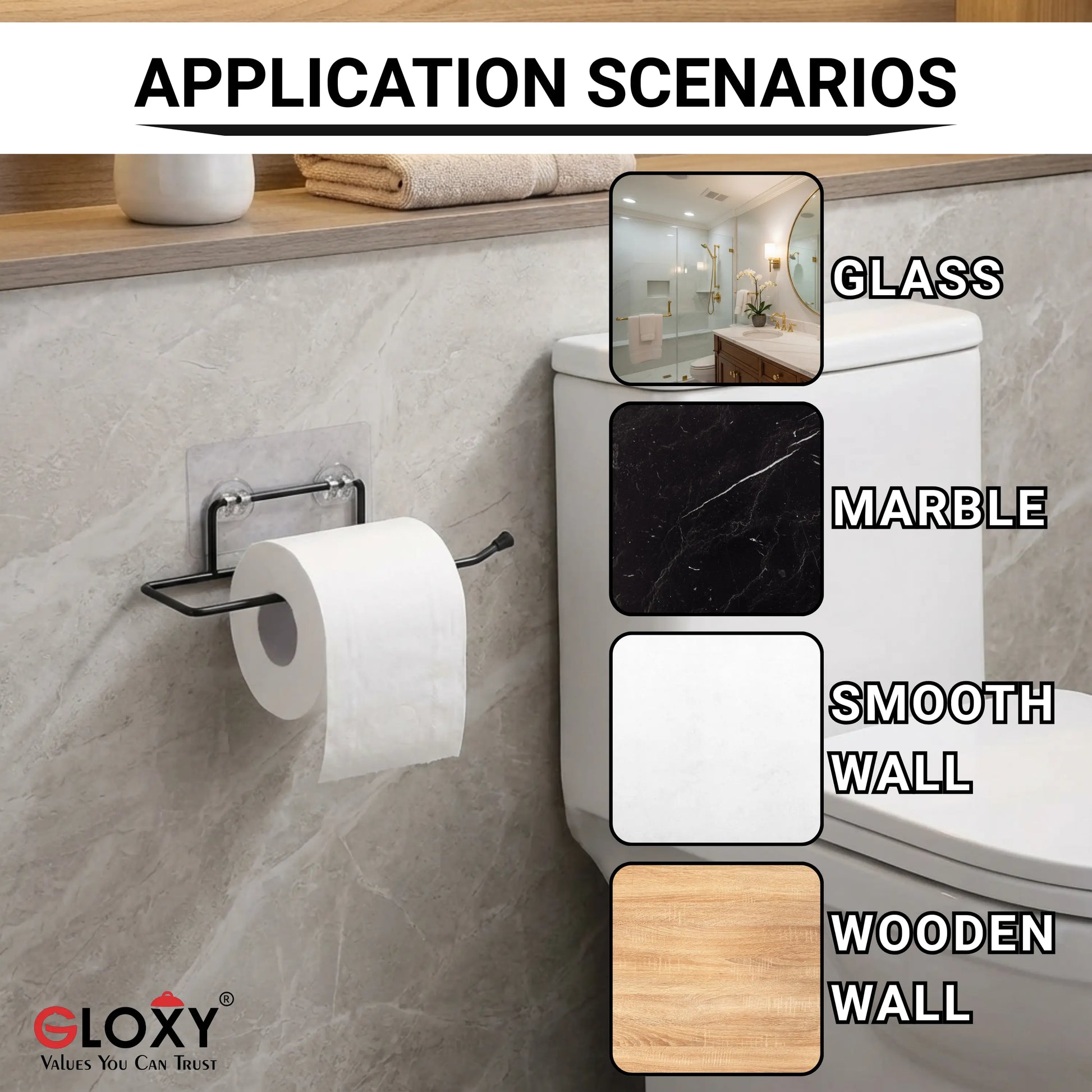 Toilet paper holder application scenarios on glass, marble, smooth wall, and wooden wall with Gloxy logo.