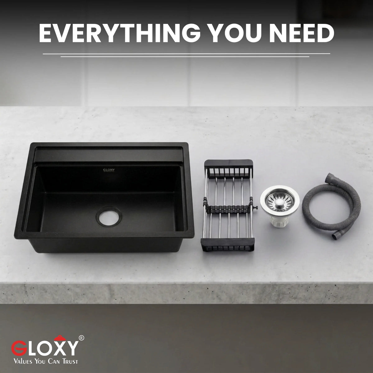 Gloxy Premium Granite Quartz Kitchen Sink 16" x 18" x 9" - Black Matte Finish