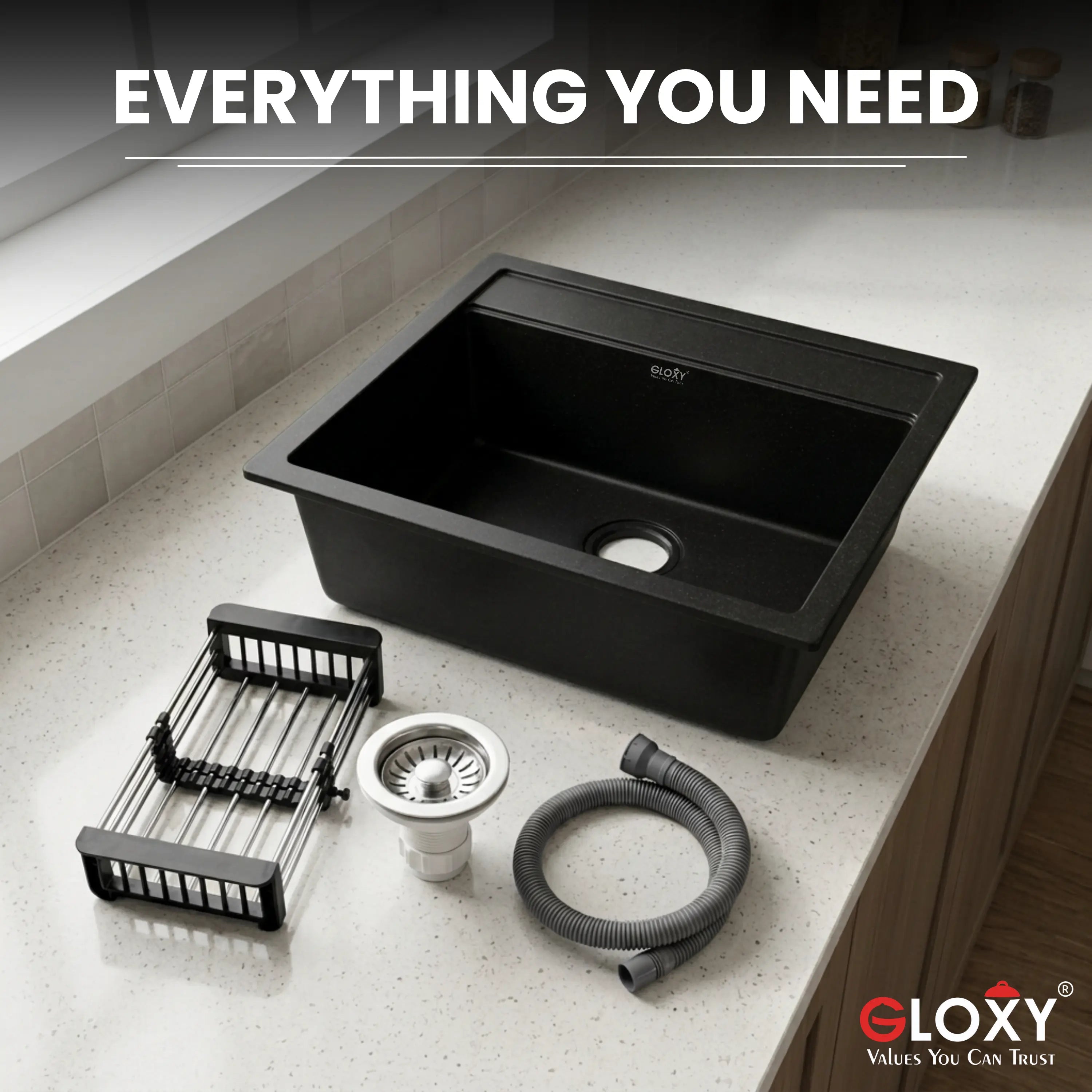 Gloxy Premium Granite Quartz Kitchen Sink 16" x 18" x 9" - Black Matte Finish