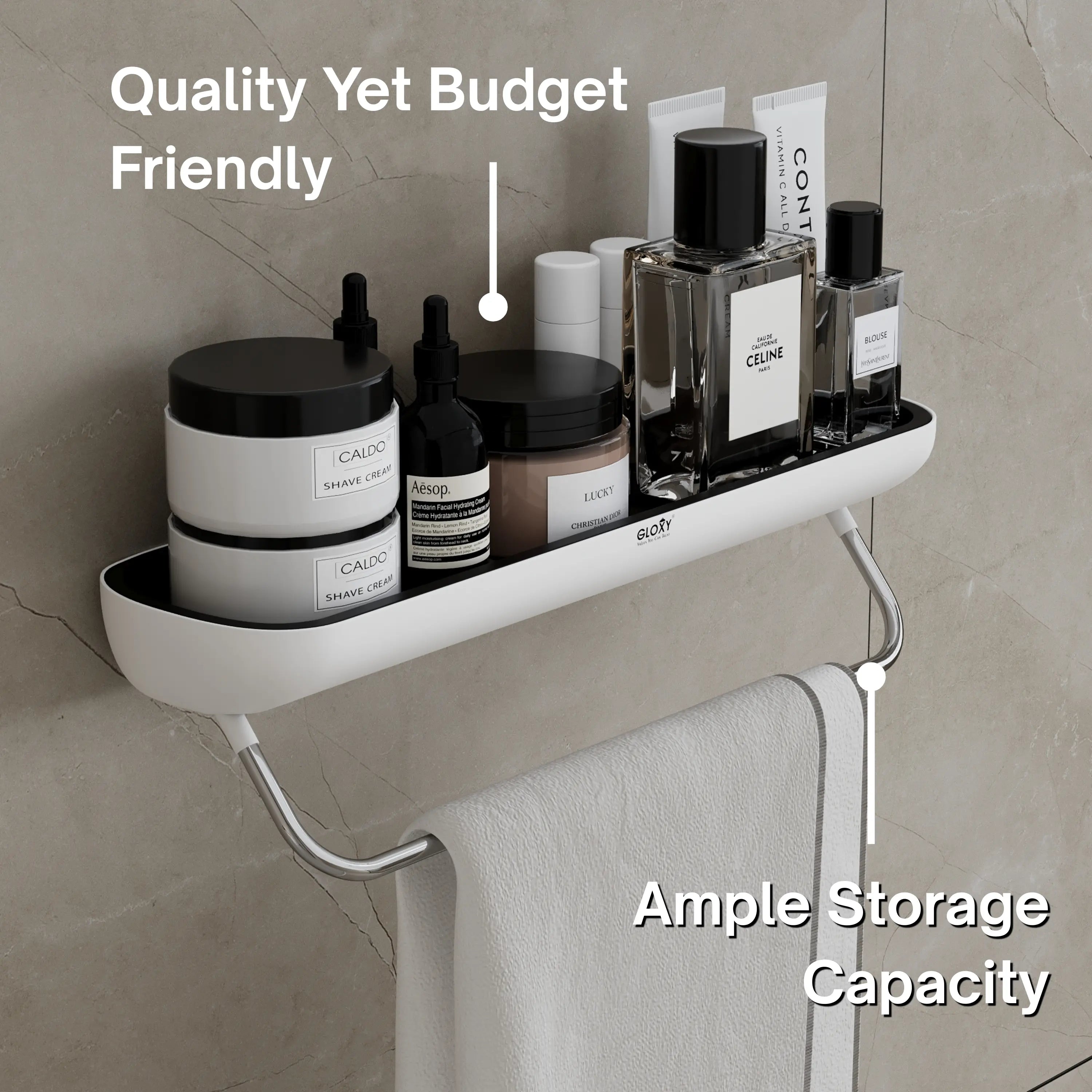 Bathroom shelf with toiletries and text highlighting quality, budget friendliness, and storage capacity.