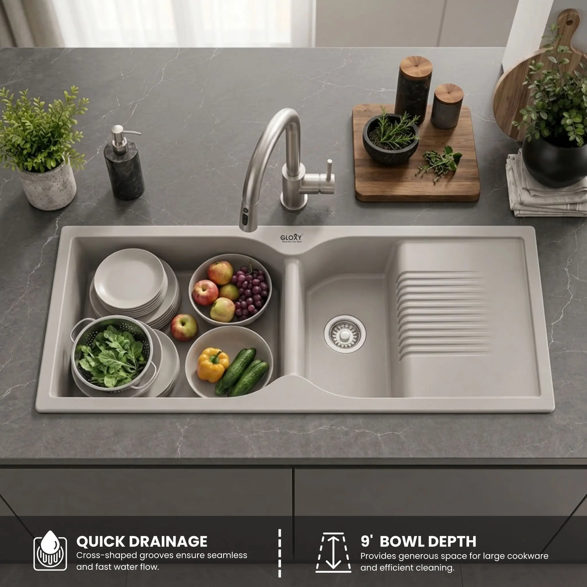 GLOXY Quartz Granite Double Bowl Kitchen Sink with Drain Board | 45 × 20 × 9 Inches (Grey Matte)