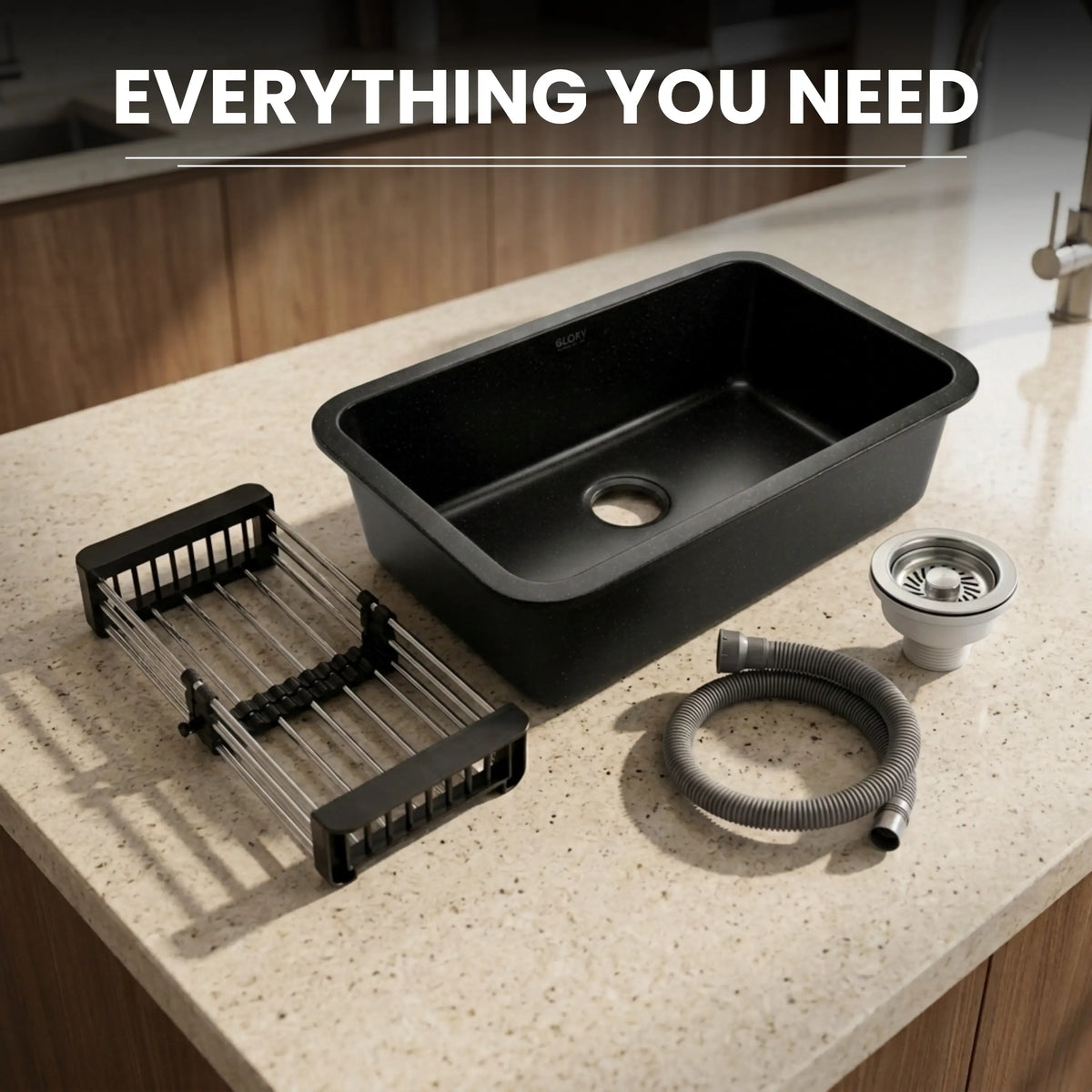 GLOXY Premium Quartz Granite Single Bowl Kitchen Sink 31x19x9 Inches - Matte Black Finish