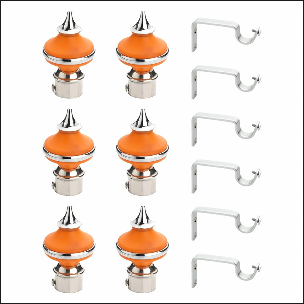 Gloxy Matka Shape Stainless Steel & ABS Curtain Rod Finials with Support– Orange 3 Pair