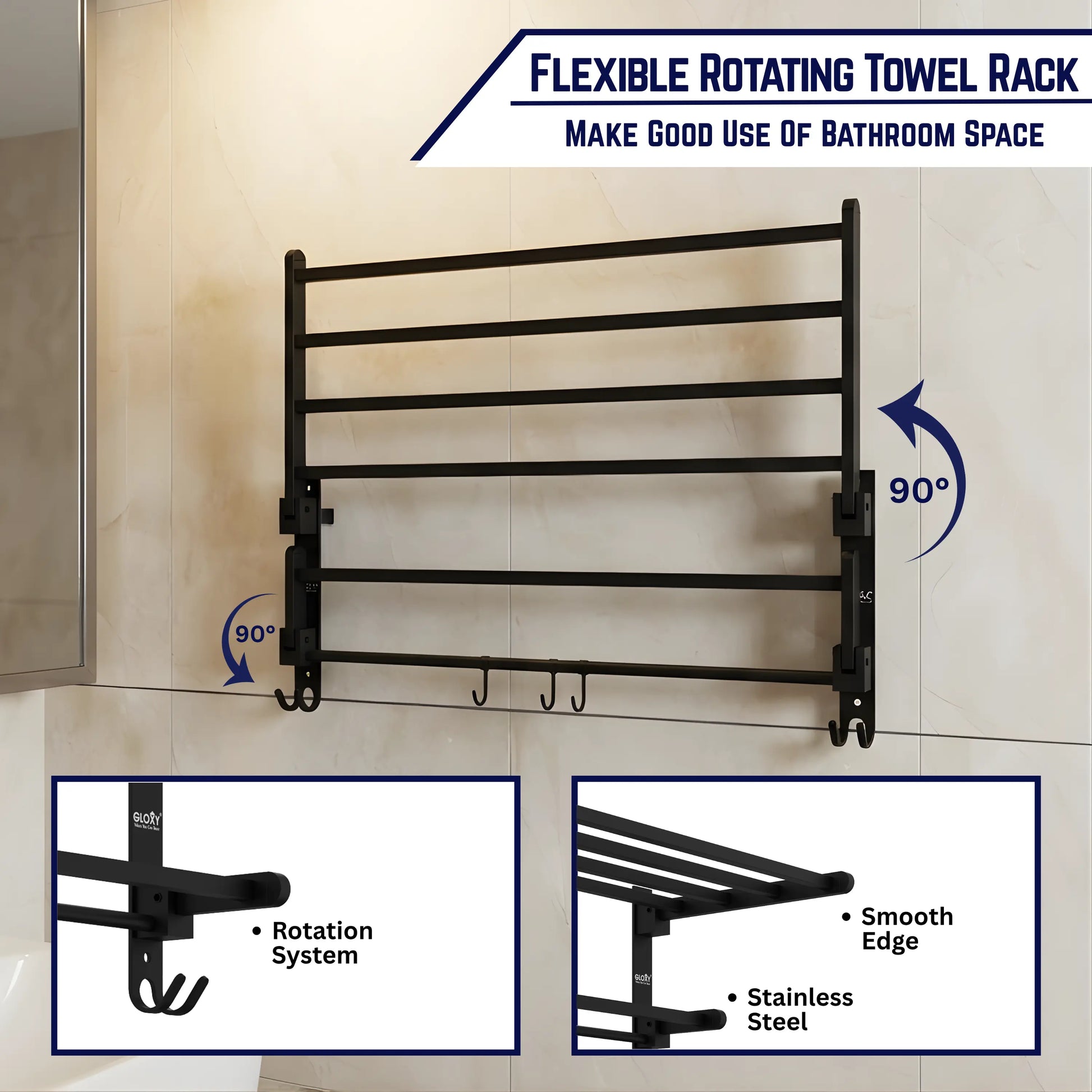 Gloxy Rectangular Shape Stainless Steel Black Finsih Folding 24 Inch Towel Rack For Bathroom