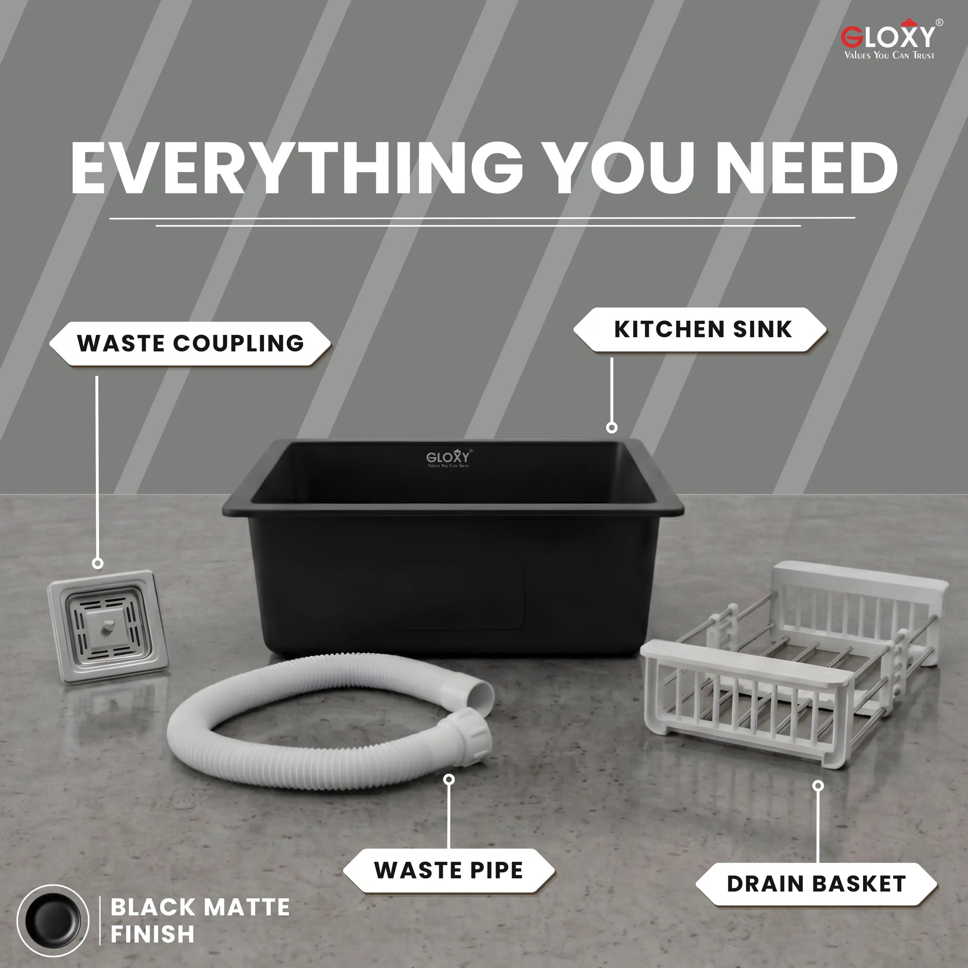Gloxy Stainless Steel 304 Grade Single Bowl Quartz Kitchen Sink 21x18 Inch- Black